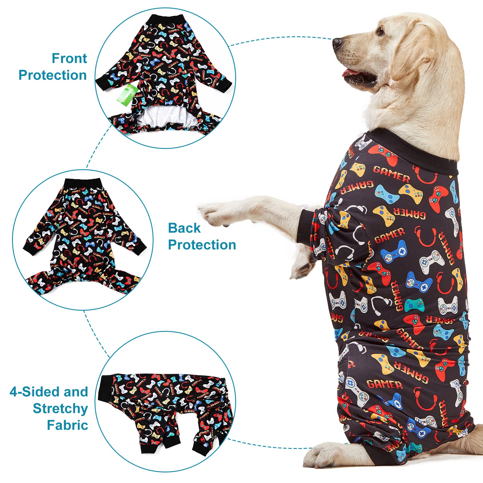 LovinPet Large Dog Pajamas, Game Console Print,UV Protection, Wound Care/Post Surgery Dog Clothes, Pet Anxiety Relief, Lightweight Stretchy Pitbull Pullover Shirt, Onesies for Dogs, Pet PJ's, 3XL
