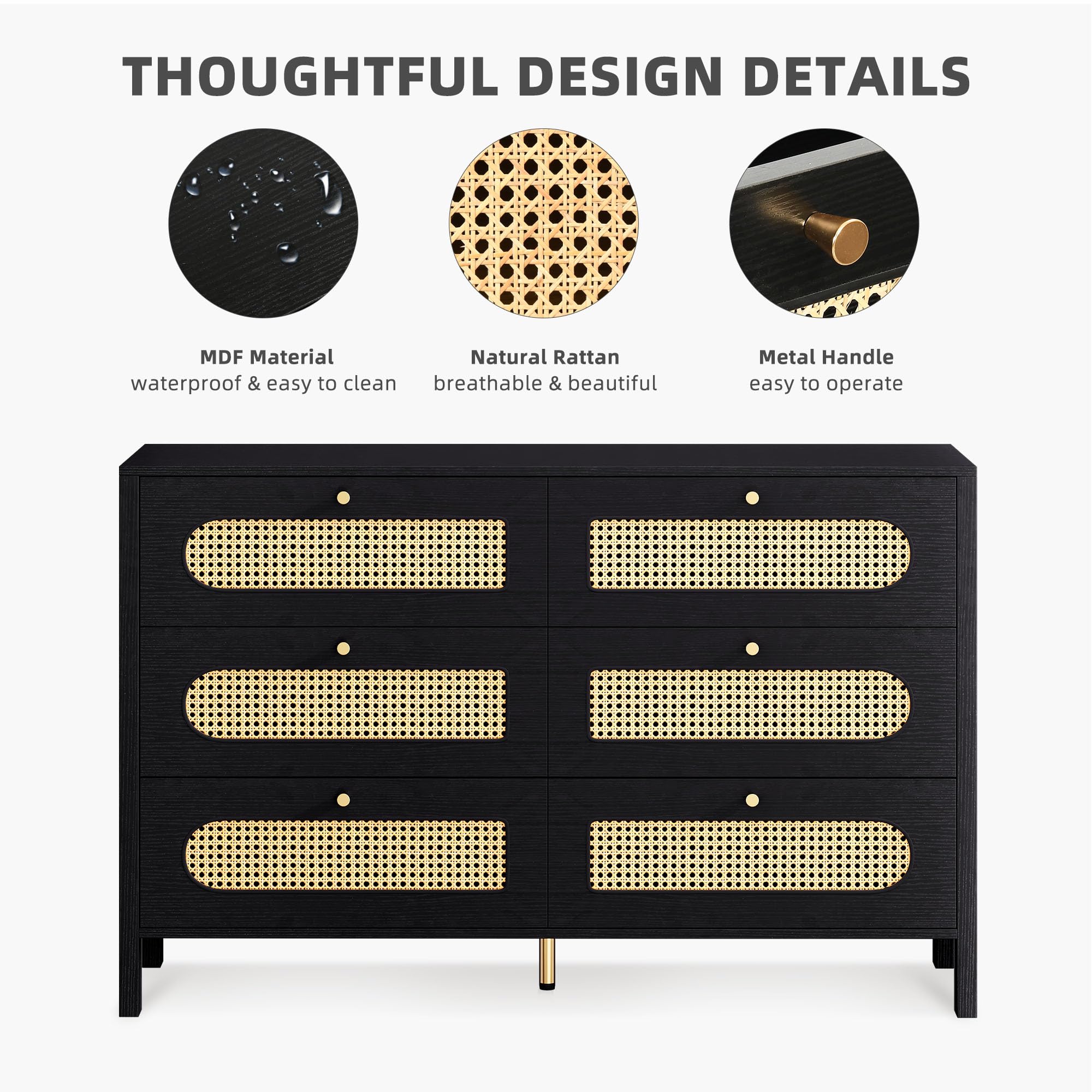 DWVO Buffet Cabinet Rattan - Storage with 6 Wood Storage Closet Dressers Chest - Coffee Bar with Drawer-Accent with Golden Handles for Living Room/Dining Room/Entryway-Black