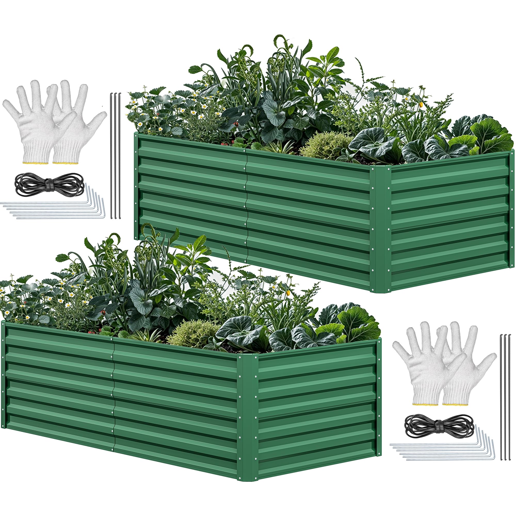 YITAHOME 6x3x2ft 2pcs Large Raised Garden Bed Kit, Galvanized Metal Planter Box with Gloves, Ground Nails, Support Rod, Outdoor Above Ground Planters for Plants Vegetables Flowers, Green