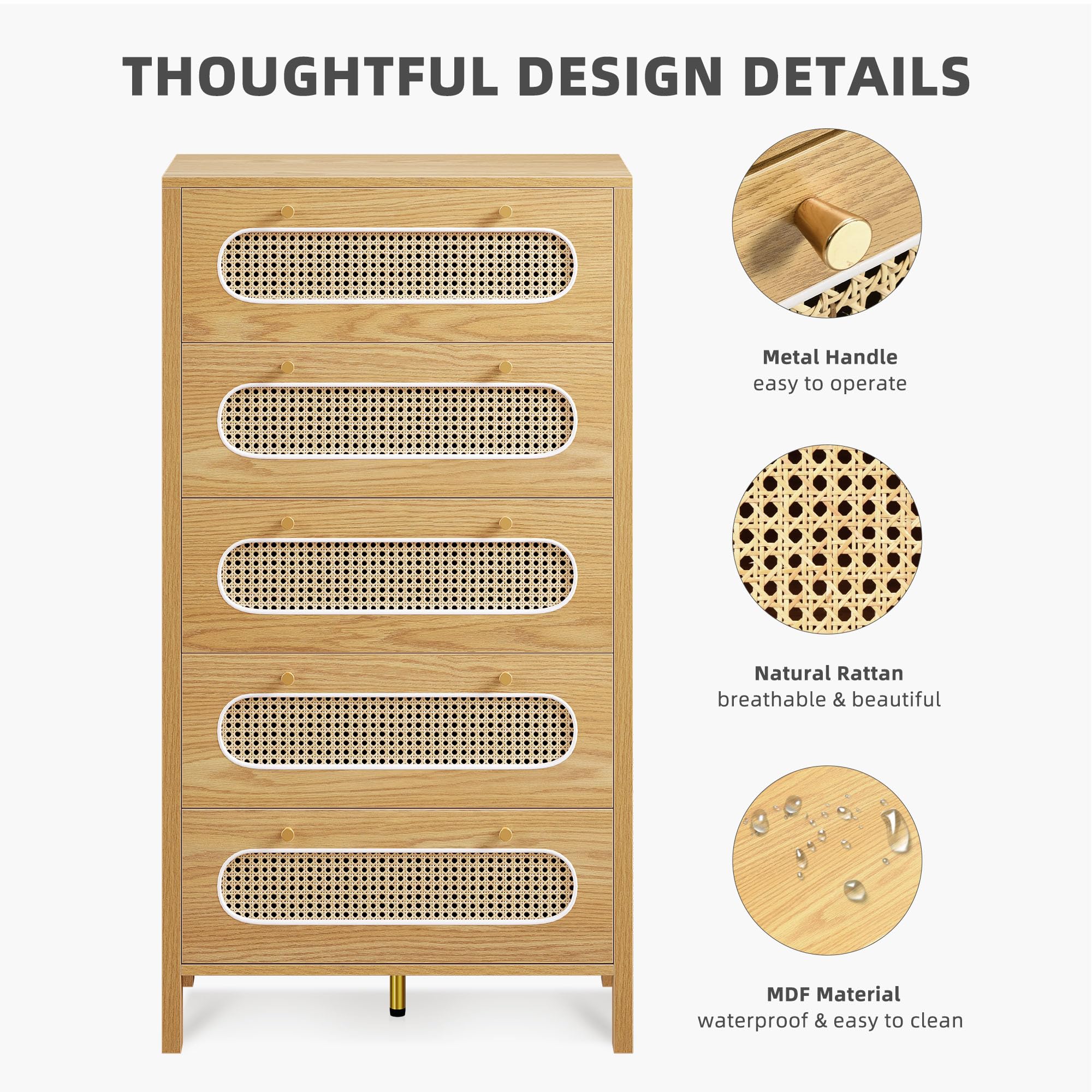 DWVO 47" Tall Natural Rattan 5 Drawer Dresser, Boho Dresser Chest of Drawers with Golden Handles, Wood Dresser Storage Cabinet for Hallway, Entryway, Hold up to 300lbs, Oak