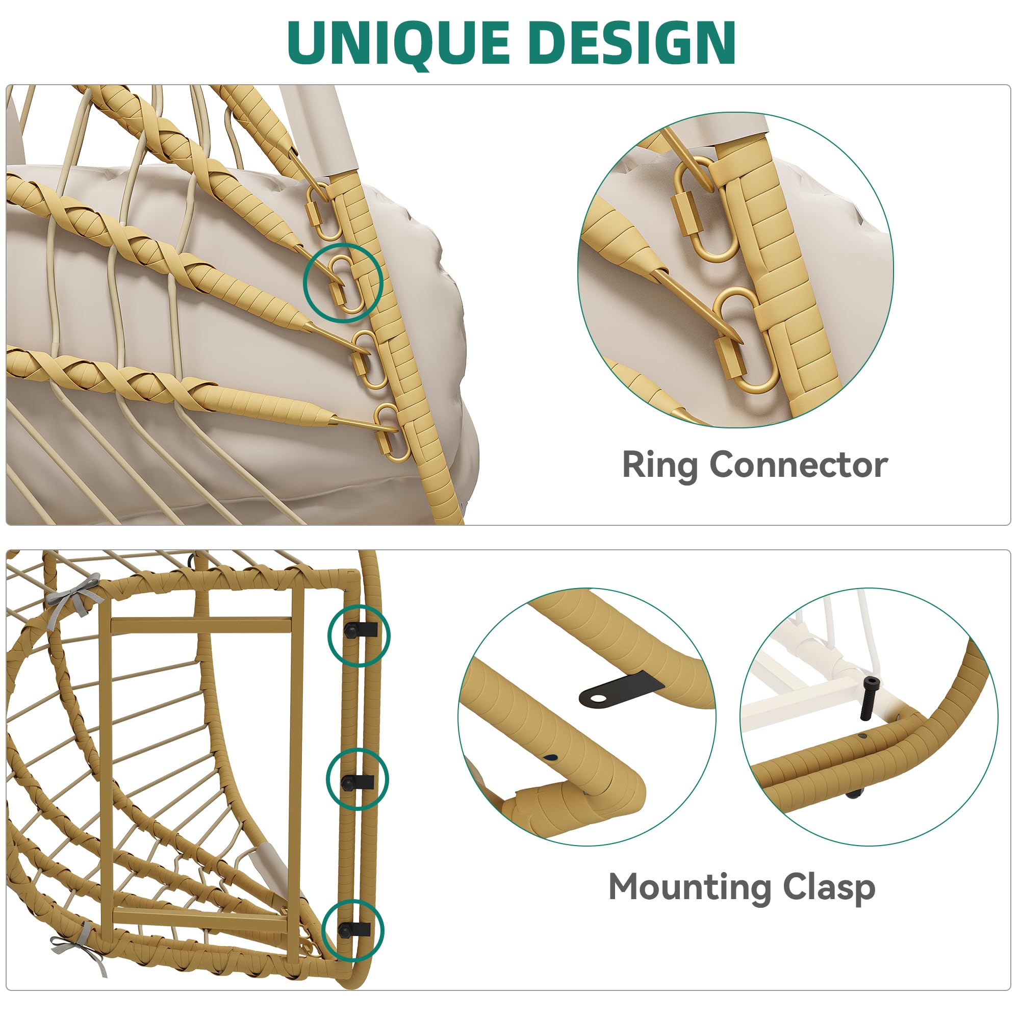 YITAHOME Hanging Egg Chair with Stand, Rattan Wicker Swing Egg Chair with Cushion, 370lbs Capacity, Foldable Hanging Basket Chair for Porch, Garden, Bedroom, Balcony - Beige