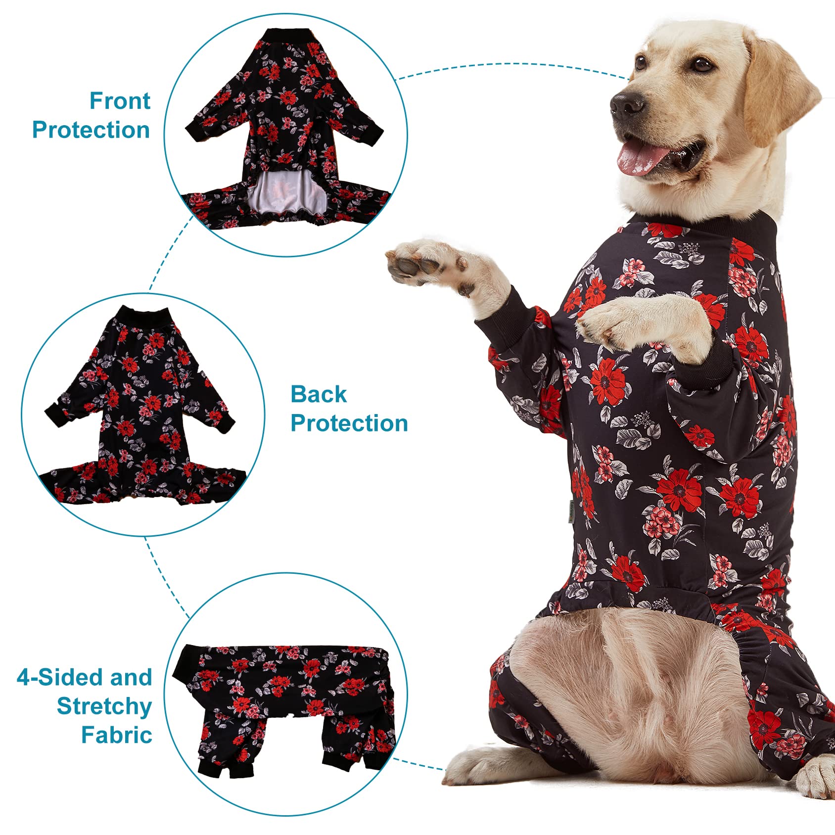 LovinPet Pet Pajamas for Large Dogs - Floral Navy and Coral Print Dog Jammies, Lightweight Stretchy Knit Big Dog Pullover, Large Dog Onesie, Pet PJ's/XXL