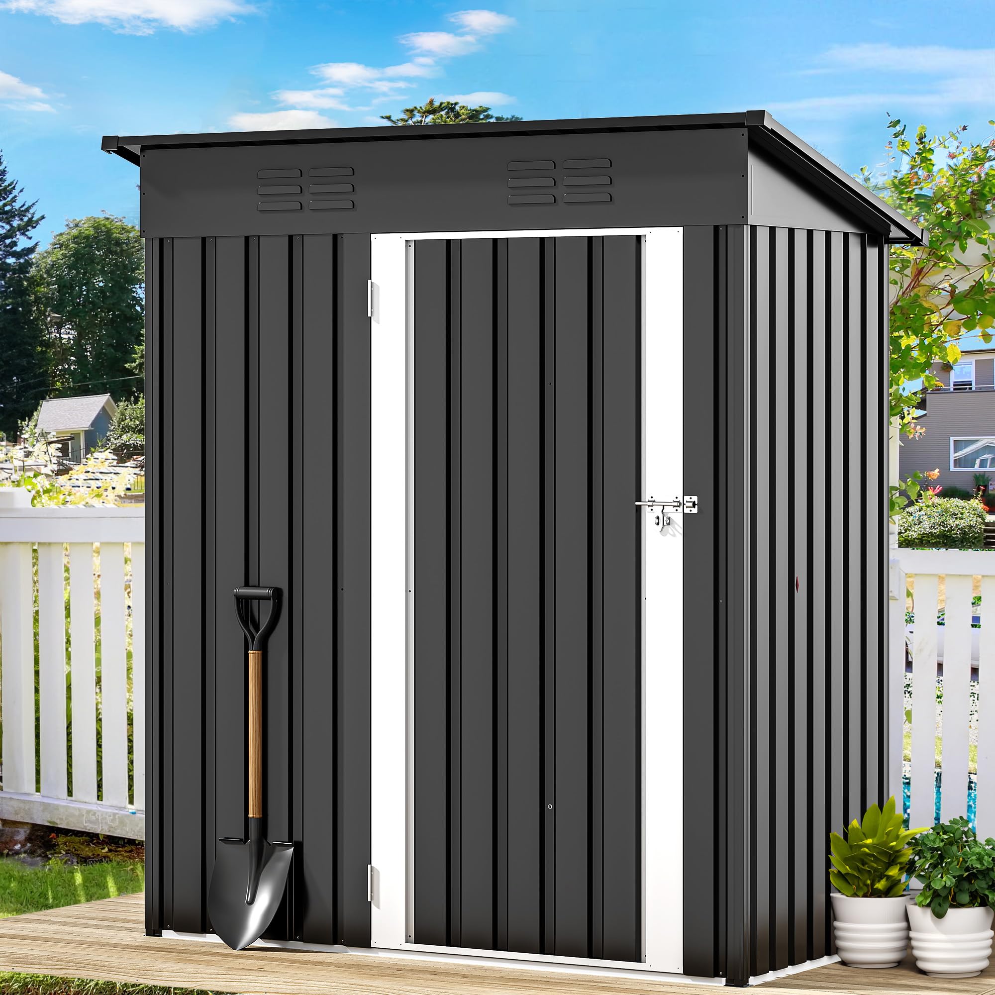 DWVO Outdoor Storage Shed, Weatherproof Tool Shed w/Locking Entry & Ventilation for Grass Cutter, Bike, Equipment, Courtyard, Garden (Dark Gray)