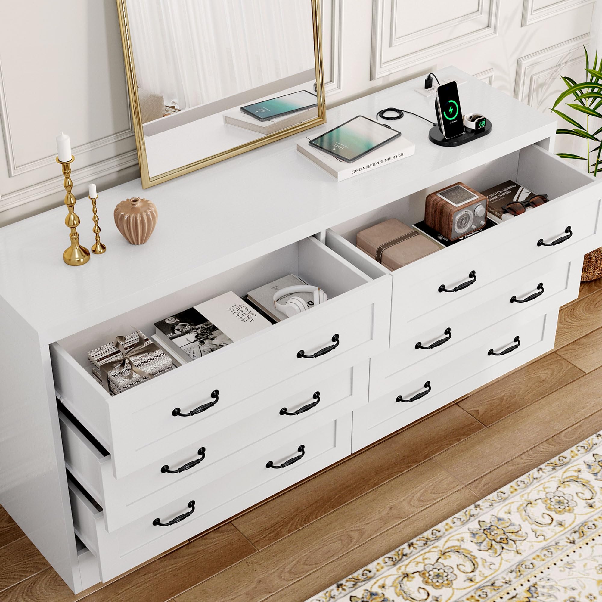 DWVO Farmhouse 6 Drawer Dresser for Bedroom, 59" Wide Large Modern Dresser TV Stand with Drawers & Bar Handles, Storage Dressers with Power Outlets, Rustic Wood Chest of Drawers, White