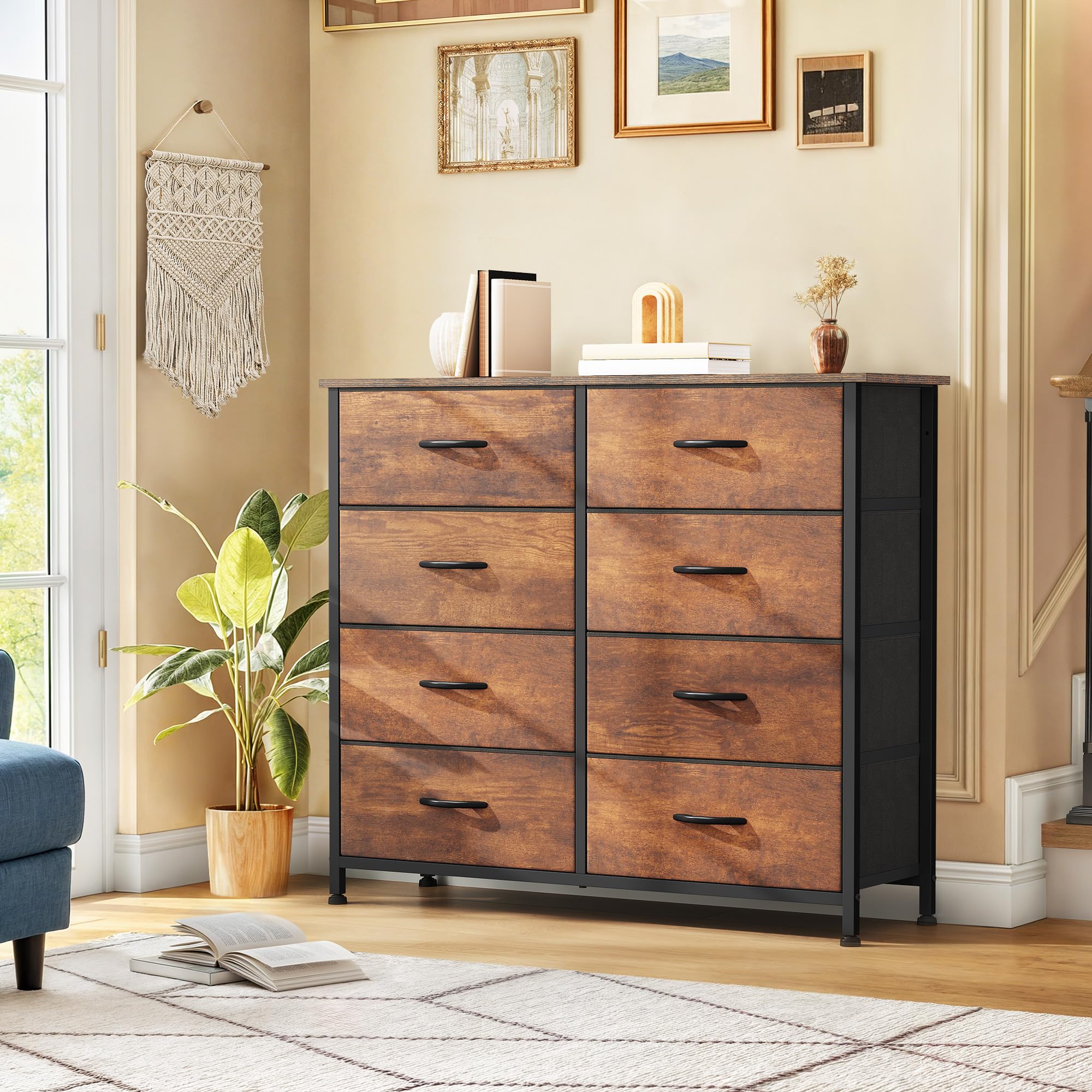 DWVO 8 Drawers Fabric Dresser, Furniture Storage Tower Cabinet, Organizer for Room, Living Room, Hallway, Closet, Sturdy Steel Frame, Wooden Top, Easy-to-Pull Fabric Bins