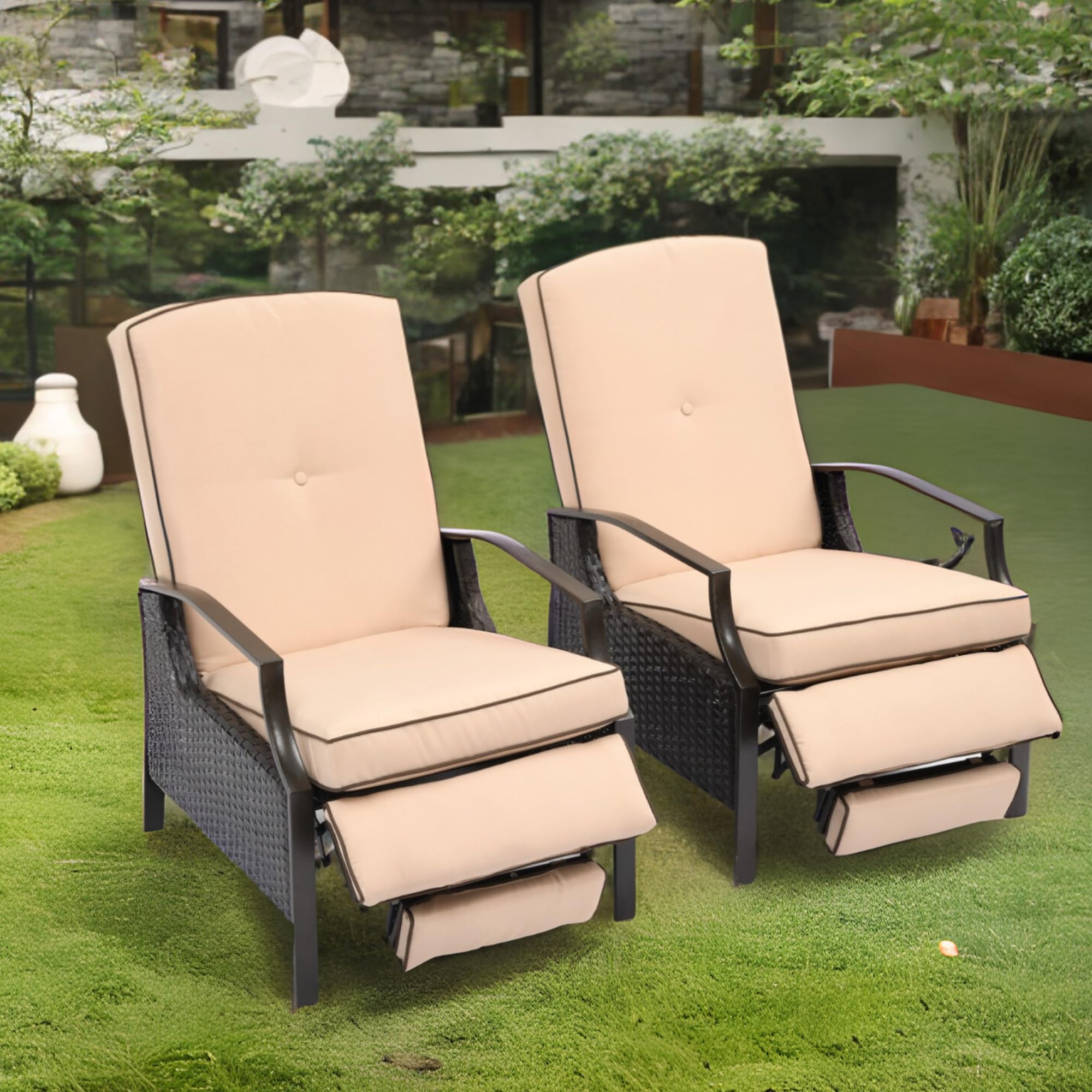 YITAHOME Outdoor Recliner Chair, 2-Piece Patio Adjustable Wicker Reclining Lounge Chairs, Dual-use Rattan Furniture Set with Soft Thick Cushions, Extended Footrest, Flip Back, Brown & Beige