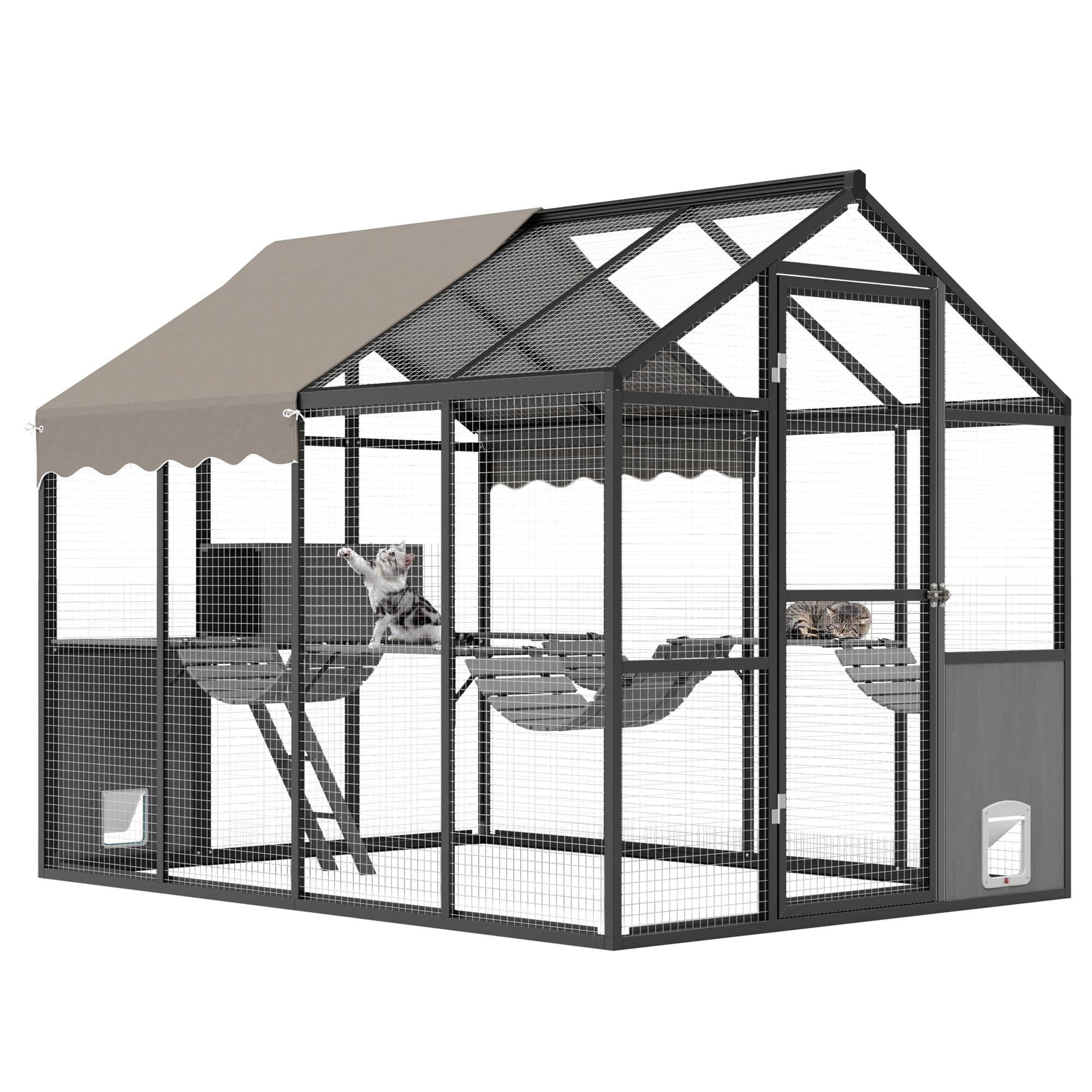 Aluminum Walk-In Large Outdoor Cat Enclosure, Large Outdoor Catio for Multiple Cats, Outside Cattery with Weatherproof Roof with Channels, Side Door, UV Proof Cover, Huge Condo, Platform