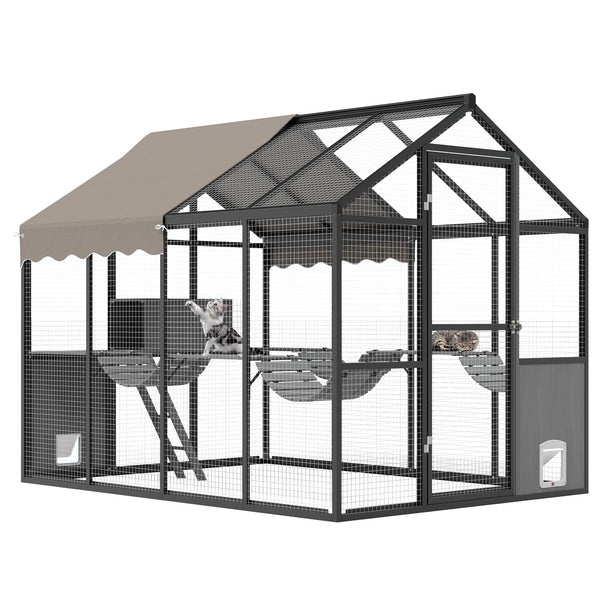 Aluminum Walk-In Large Outdoor Cat Enclosure, Large Outdoor Catio for Multiple Cats, Outside Cattery with Weatherproof Roof with Channels, Side Door, UV Proof Cover, Huge Condo, Platform