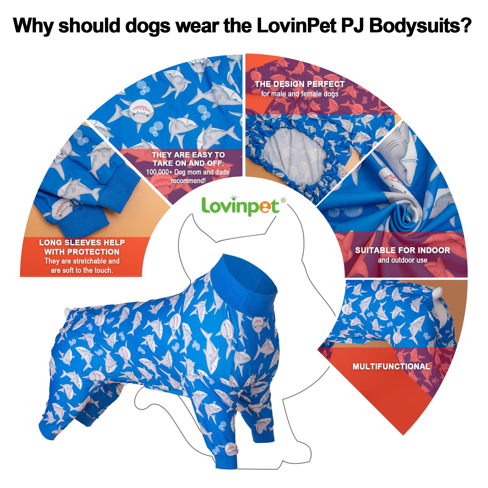 LovinPet Large Dog Pjs, UV Protection, Pet Anxiety Relief Onesies, Lightweight Stretchy, Blue Shark Print, Undershirt for Dog Sweaters and Coats, Large Breed Husky Pajamas, Pet PJ's/XXL