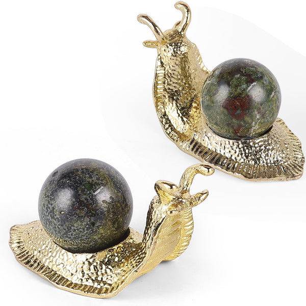 SHENGTIAN 2-Piece Set, 2-Inch Handcrafted Gold Snail Statues with 0.78-Inch Natural Dragon Blood Crystal Balls, Symbolizing Safety and Journey, Ideal for Desk and Home Decor (Dragon Blood)