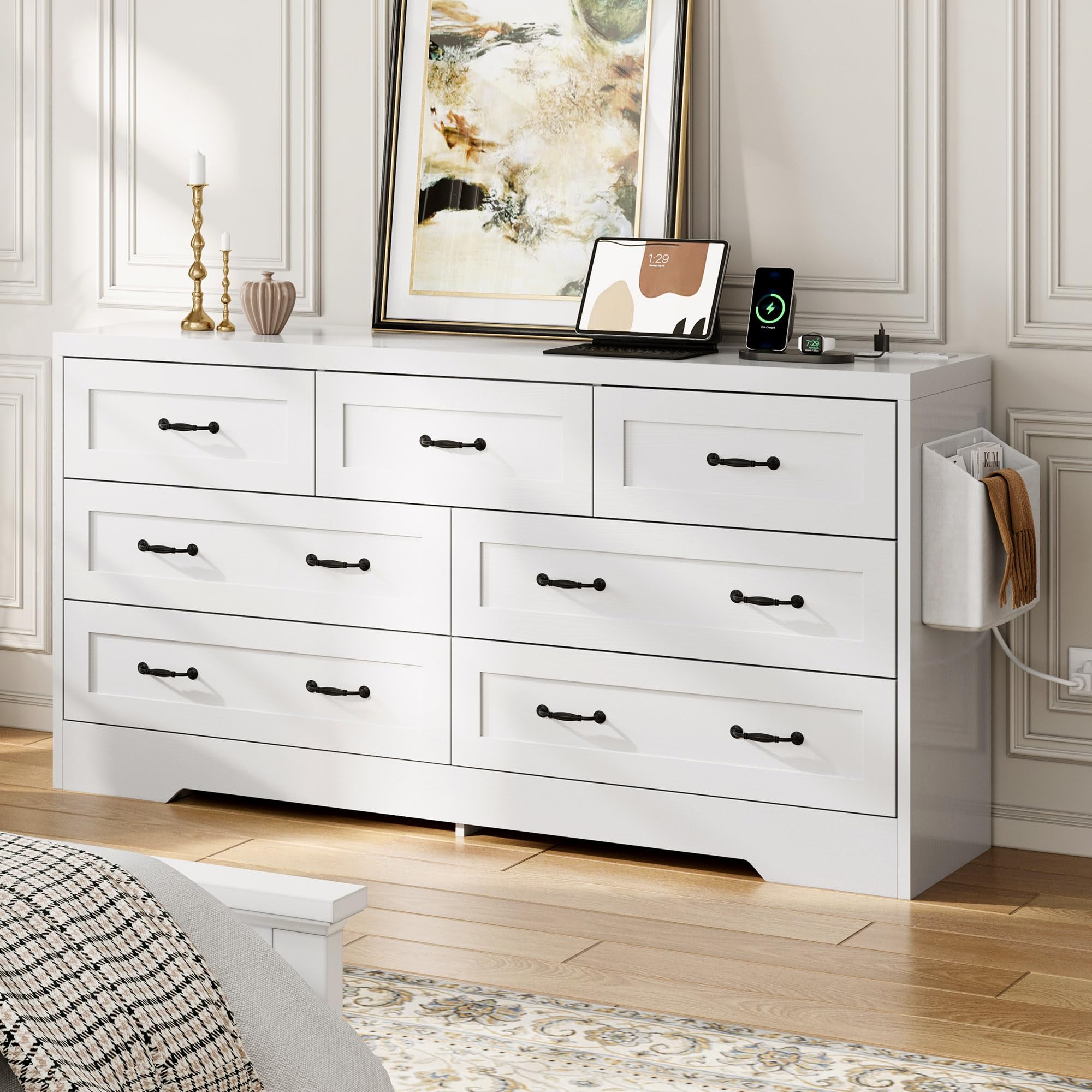 DWVO Farmhouse 7 Drawer Dresser for Bedroom, 59" Wide Large Modern Dresser TV Stand with Drawers & Bar Handles, Storage Dressers with Power Outlets, Rustic Wood Chest of Drawers, White