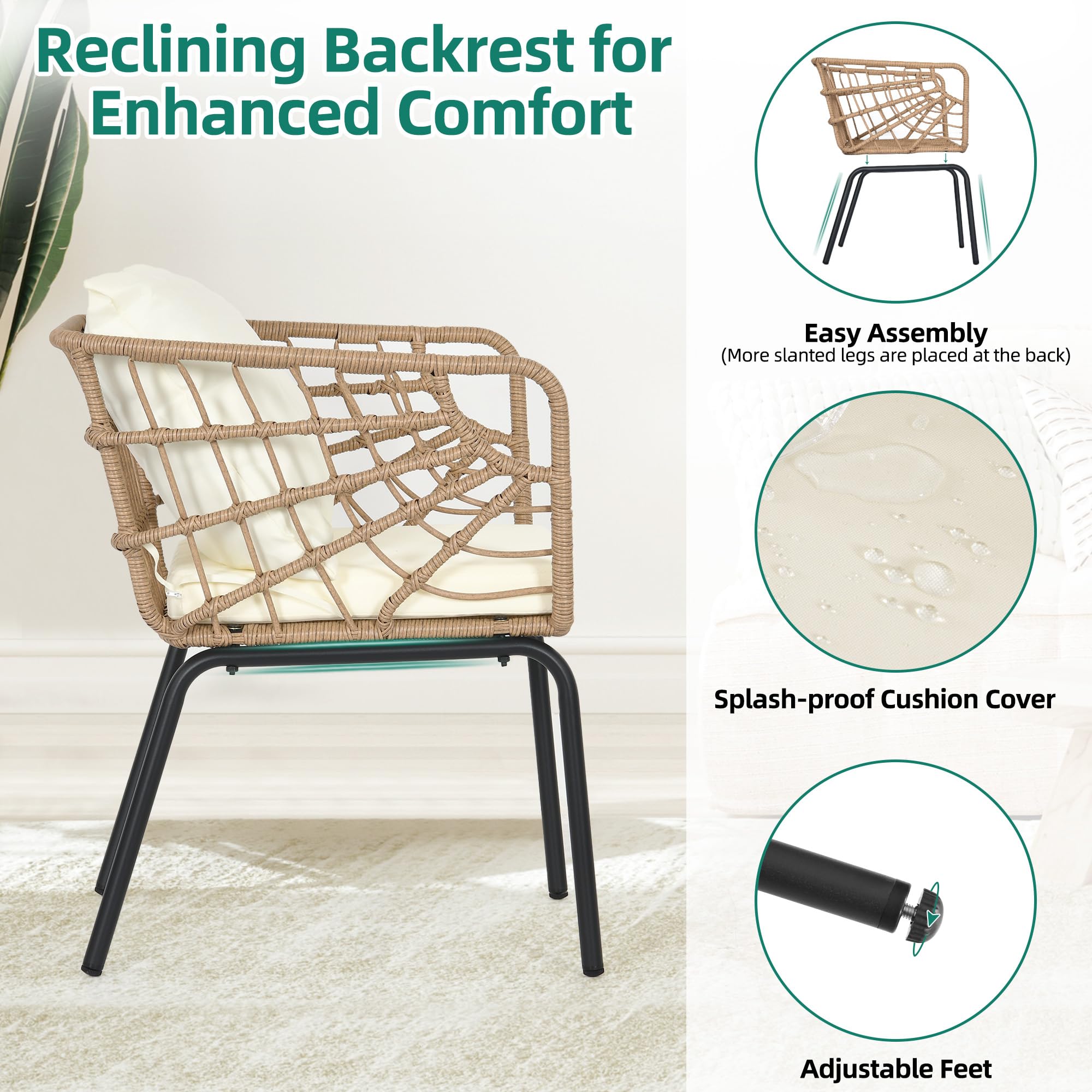 YITAHOME Accent Chairs Set of 2, Wicker Arm Chair with Soft Cushion, Comfy Living Room Chairs Mid-Century Modern Reading Chairs with Side Table for Living Room, Bedroom, Balcony, Beige