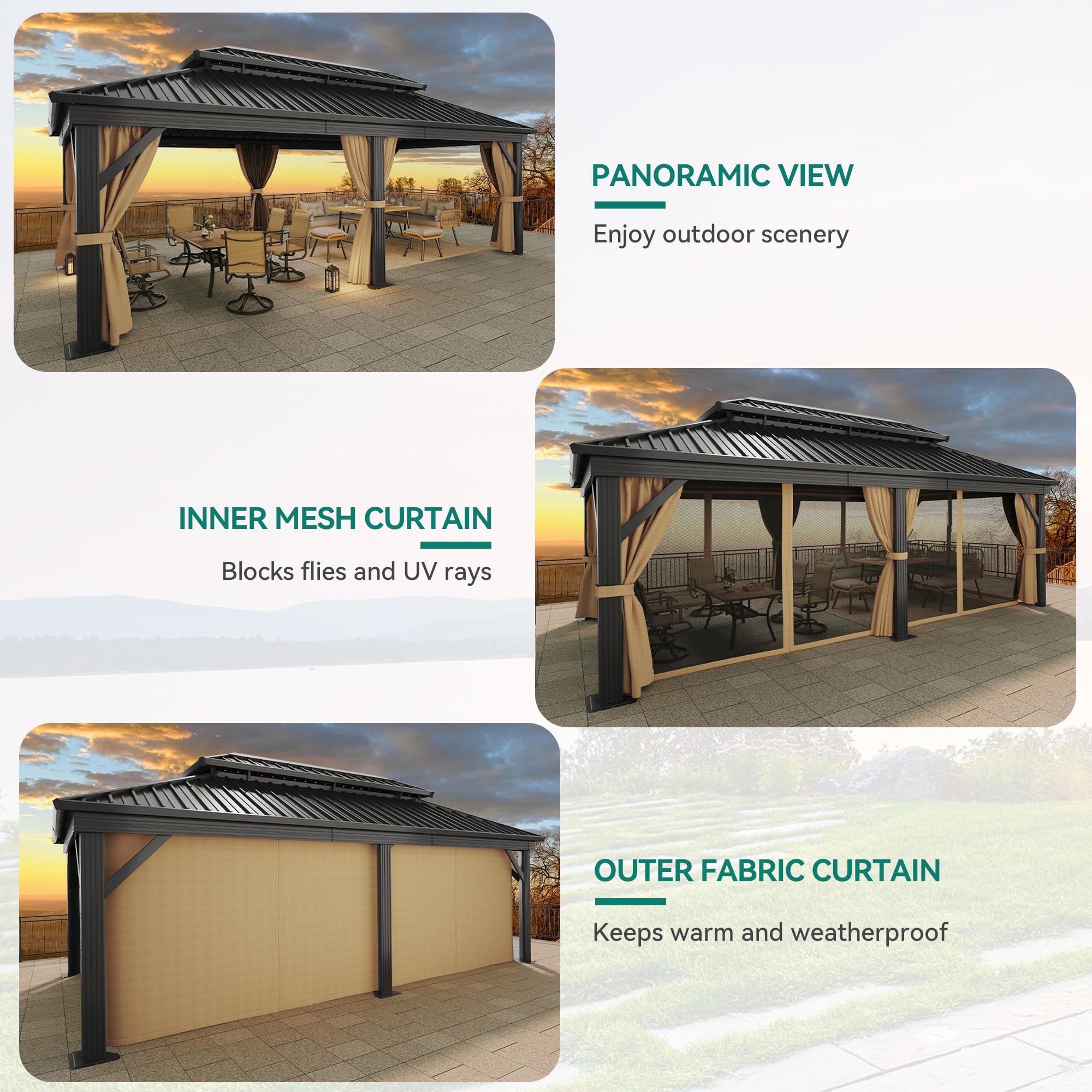 YITAHOME 12X18FT Hardtop Gazebo Double Roof Canopy Galvanized Iron 4.7X4.7'' Aluminum Pillar Garden Tent Curtains Netting for Patios Backyards Decks Lawns