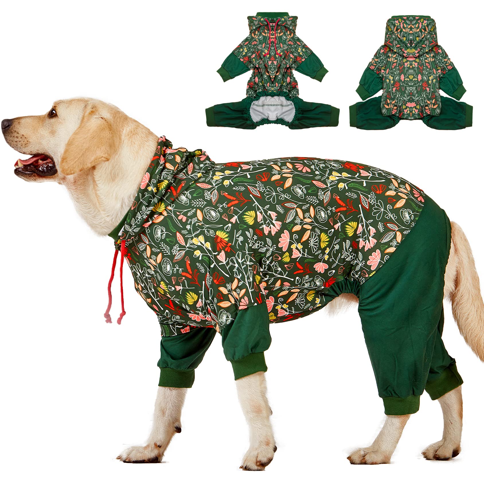 LovinPet Large Dog Onesies Big Pajamas: Wound Care/Post Surgery, Anxiety Relief, Lightweight Stretchy Fabric, Dog Pajamas,Dog Jammies, Reflective Stripe, Dew & Moss Dark Green Print, Pet PJ's /3XL