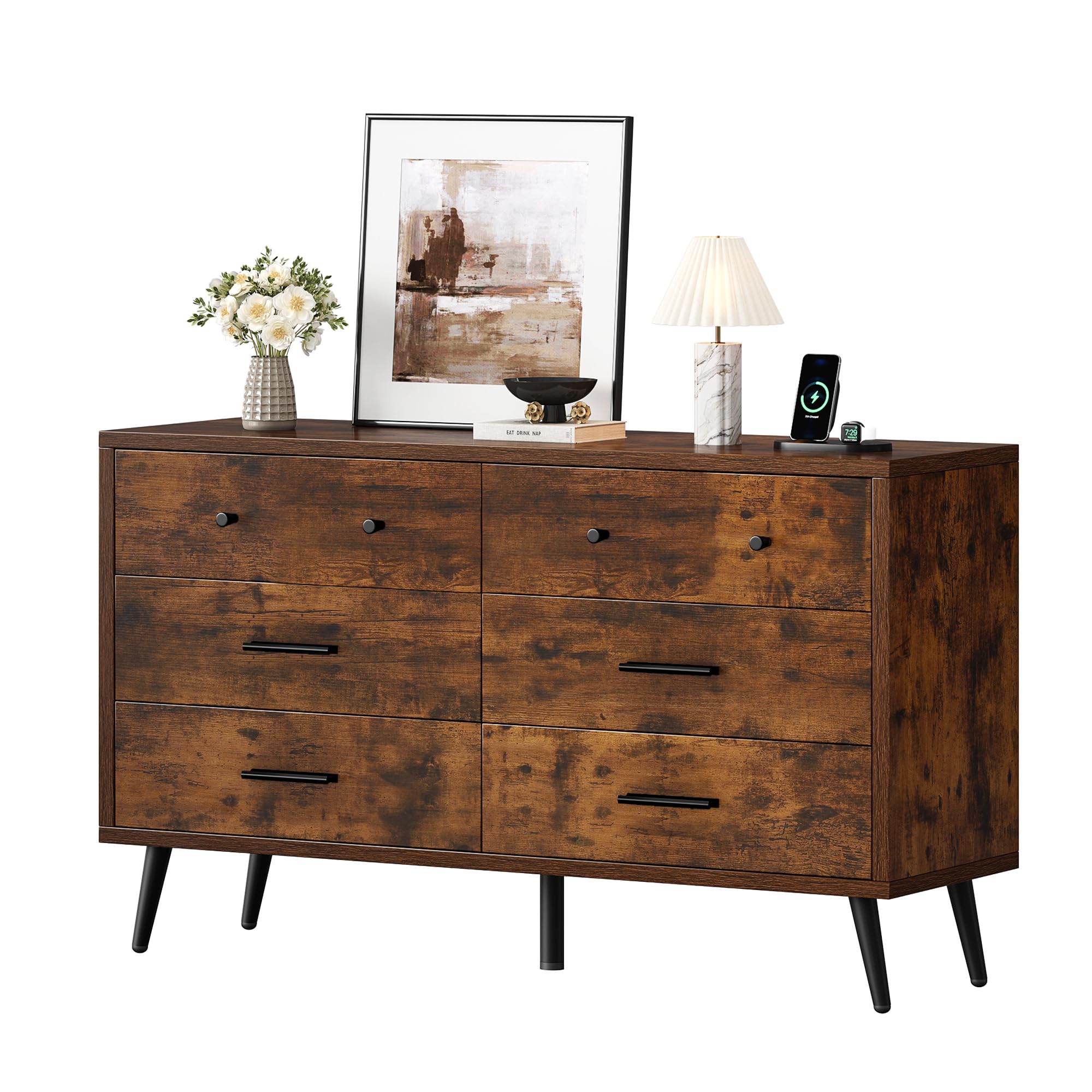 DWVO Rustic Brown 6 Drawer Dresser, 47" W Large Double Dresser Chest of Drawers, Modern Wood Storage Organizer with Black Metal Handles & Anti-Tipping Device for Hallway, Entryway