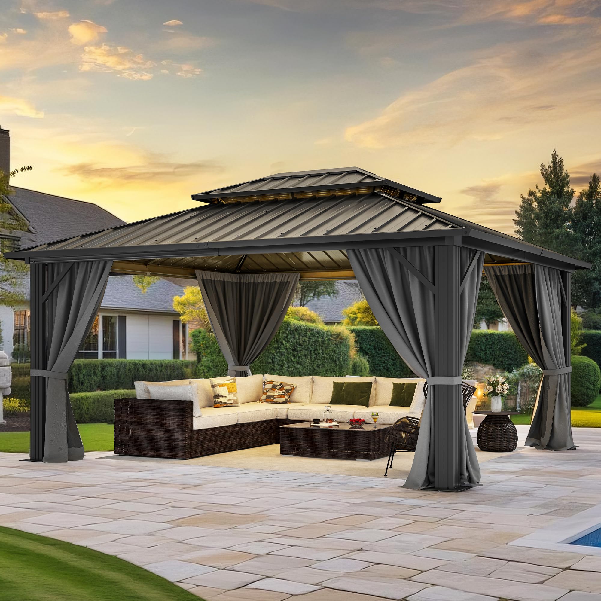 YITAHOME 10X12FT Hard Top Metal Gazebo Patios Double Roof Canopy Aluminum Frame Garden Gazebo Tent Curtains Netting for Patios Backyards Decks Lawns Gray