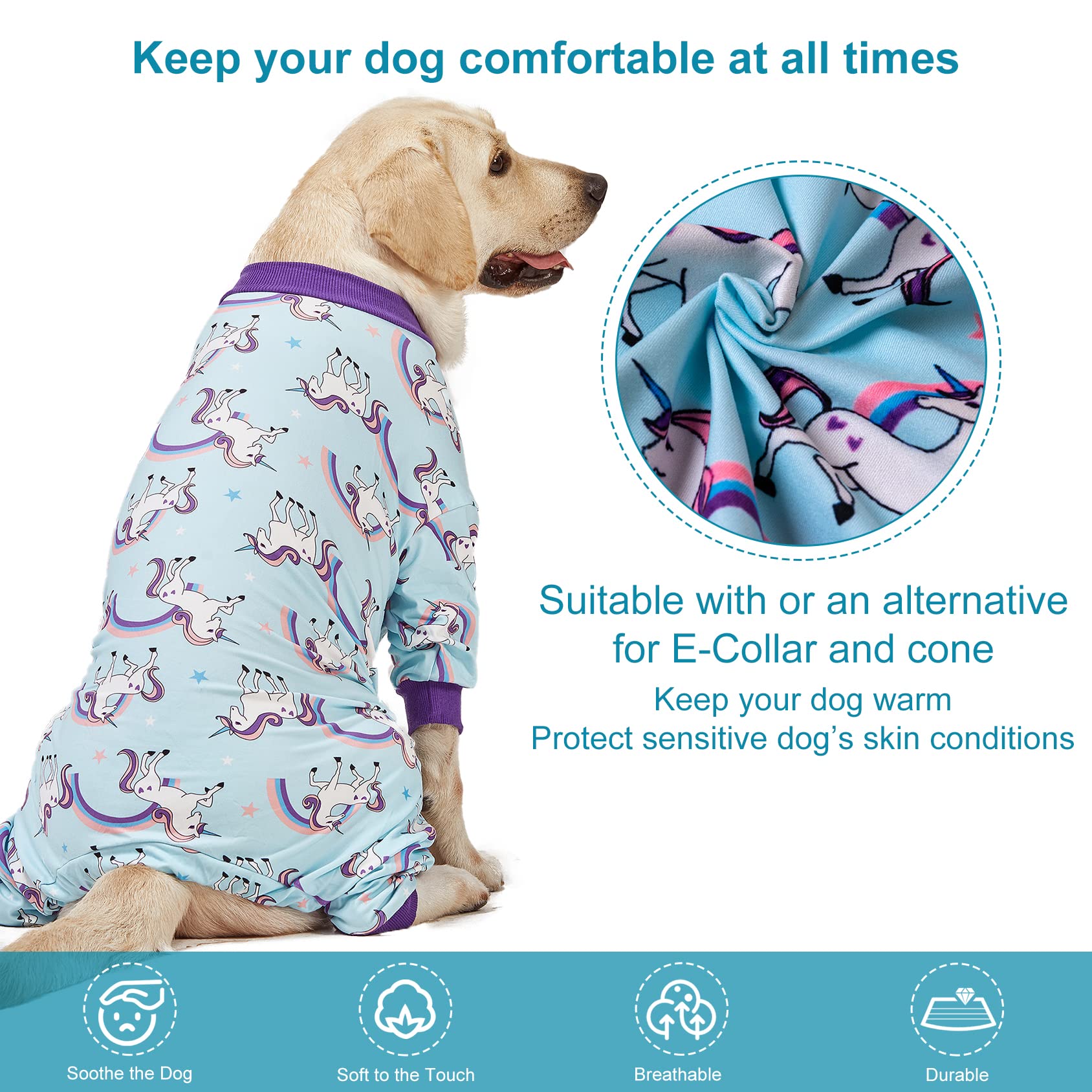 LovinPet Large Dog Pajamas PJS, Wound Care/Post Surgical Recovery Shirt for Big Dogs, Lightweight Stretchy Pullover Dog Onesie, Stop Shedding for Dogs, Magical Unicorn Rainbow Print, Pet PJ's, 2XL