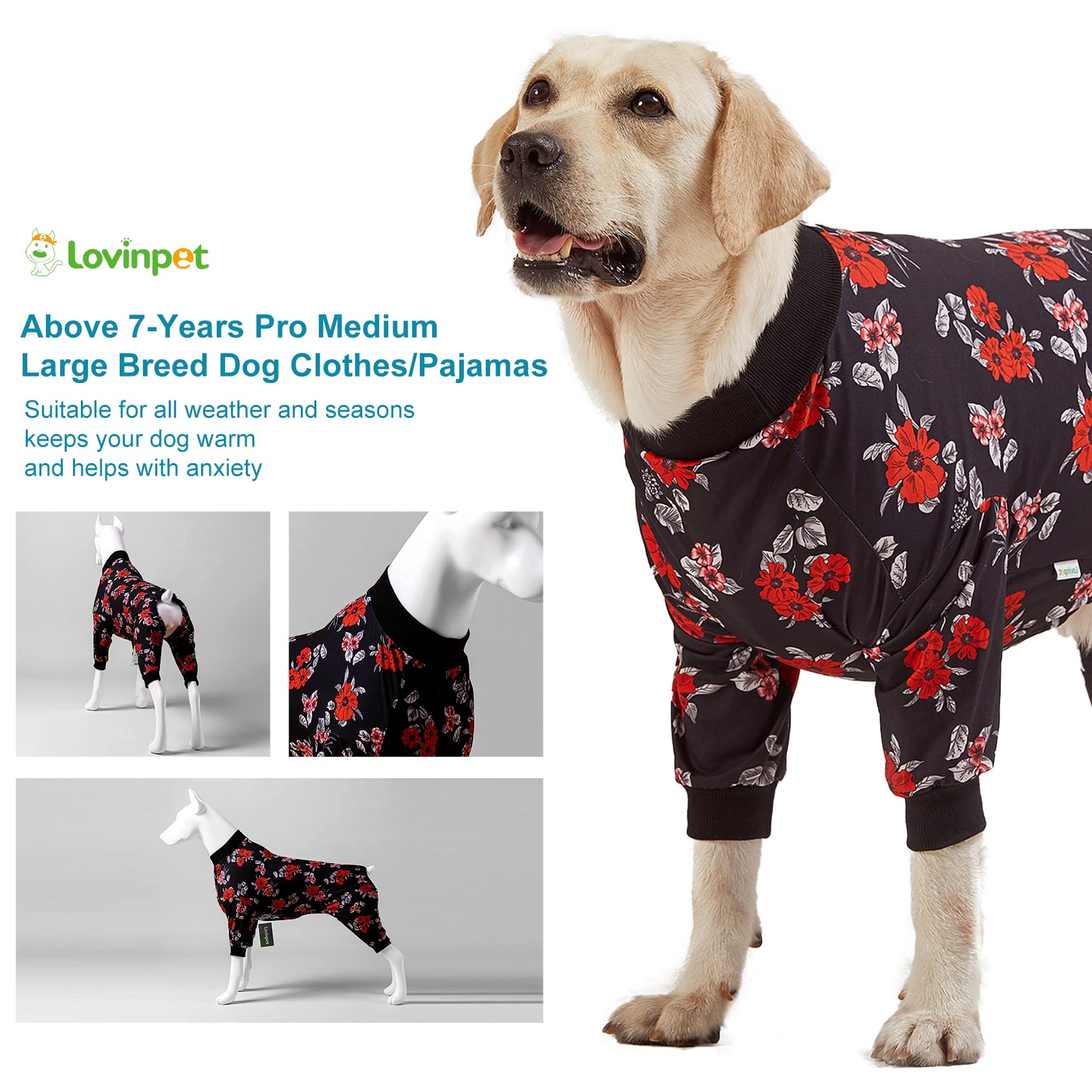 LovinPet Pet Pajamas for Large Dogs - Floral Navy and Coral Print Dog Jammies, Lightweight Stretchy Knit Big Dog Pullover, Large Dog Onesie, Pet PJ's/XXL