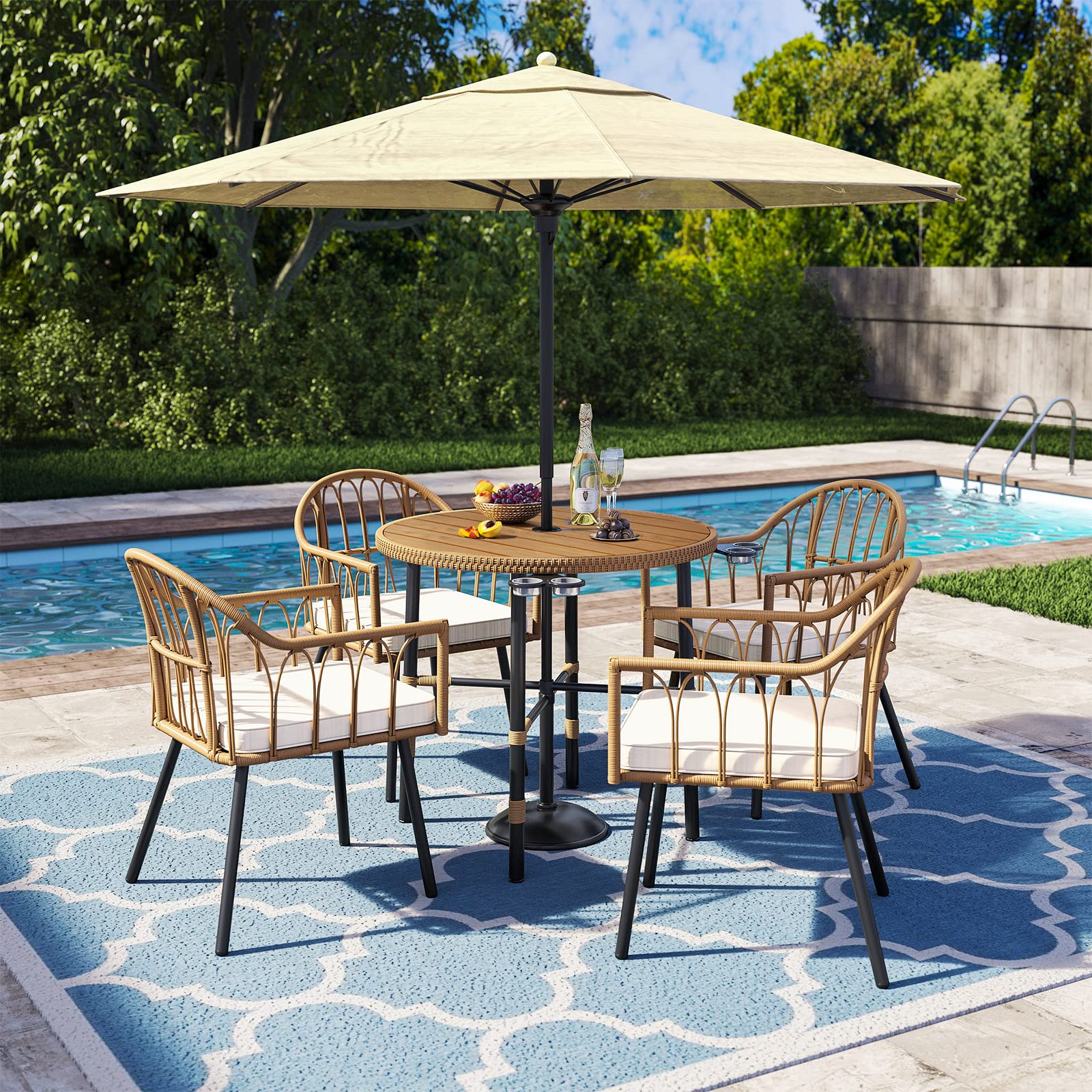 YITAHOME Rattan Outdoor Dining Chairs Set of 4 with Curved Back & Cushions Wicker Bistro Chairs with Armrest Woven Rattan Chair All-Weather Wicker Patio Dining Chair for Outdoor/Indoor, Beige