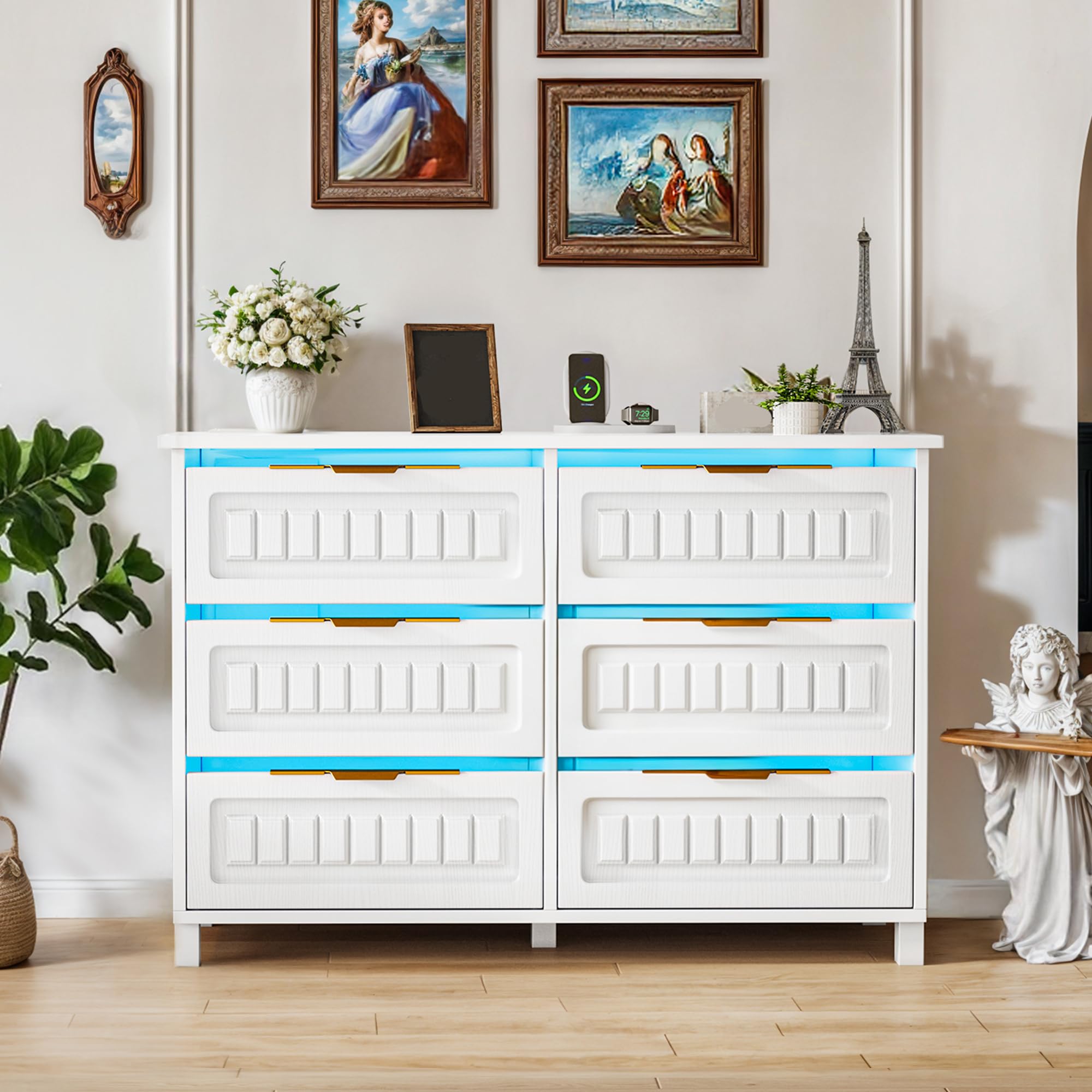DWVO 6-Drawer Dresser for Room, White Wood Dresser with Charging Station and LED RGB Light, Chest of Drawers Storage Organizer TV Stand for 60'' TV for Room, Living Room, Closet, Entryway