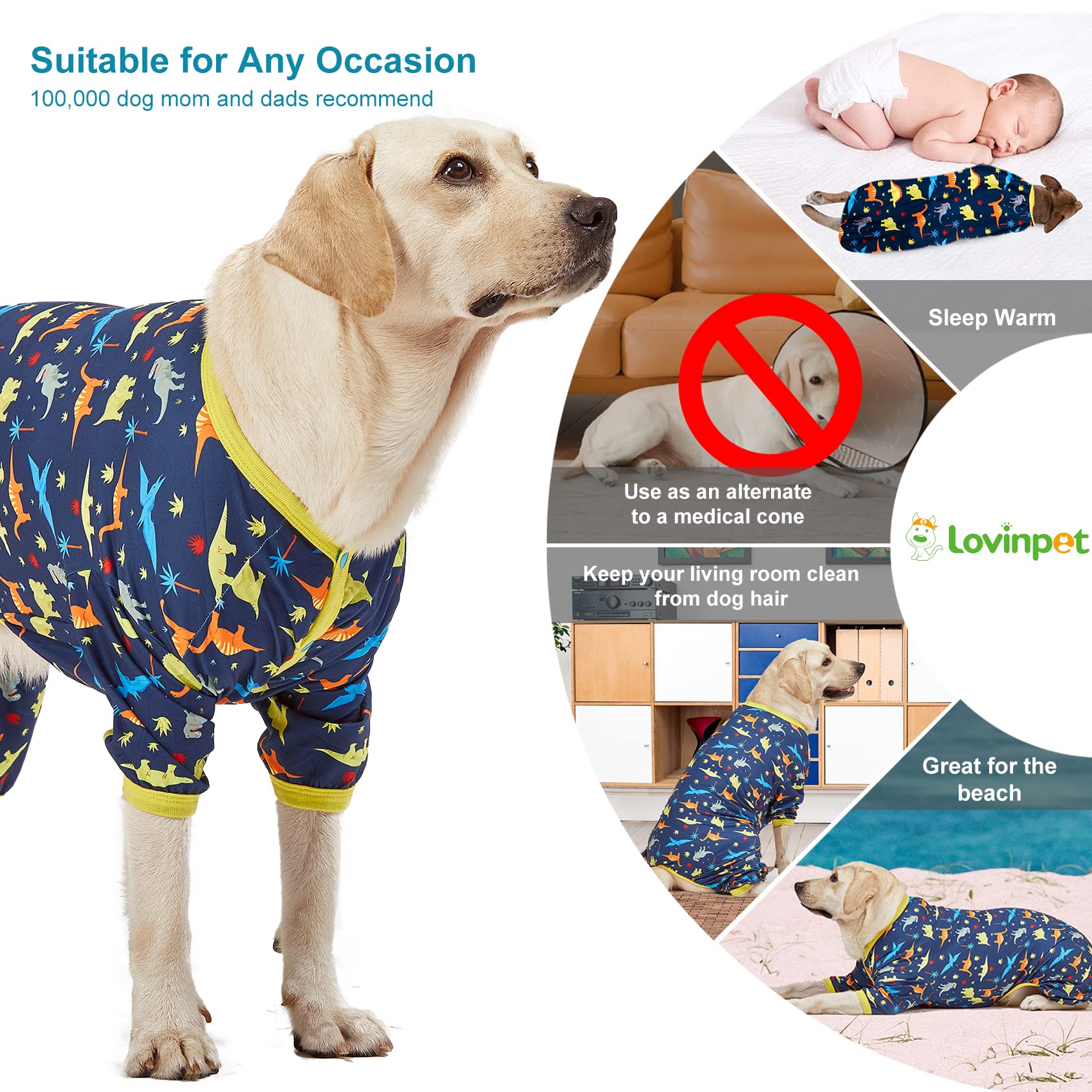LovinPet Big Dog Pajamas for Large Dogs/Prehistoric Adventure Dinosaur Navy Print/Lightweight Stretchy Knit Pullover Dog Clothes/Large Dog Onesie, Pet Pajamas for Dogs, Pet PJ's/L