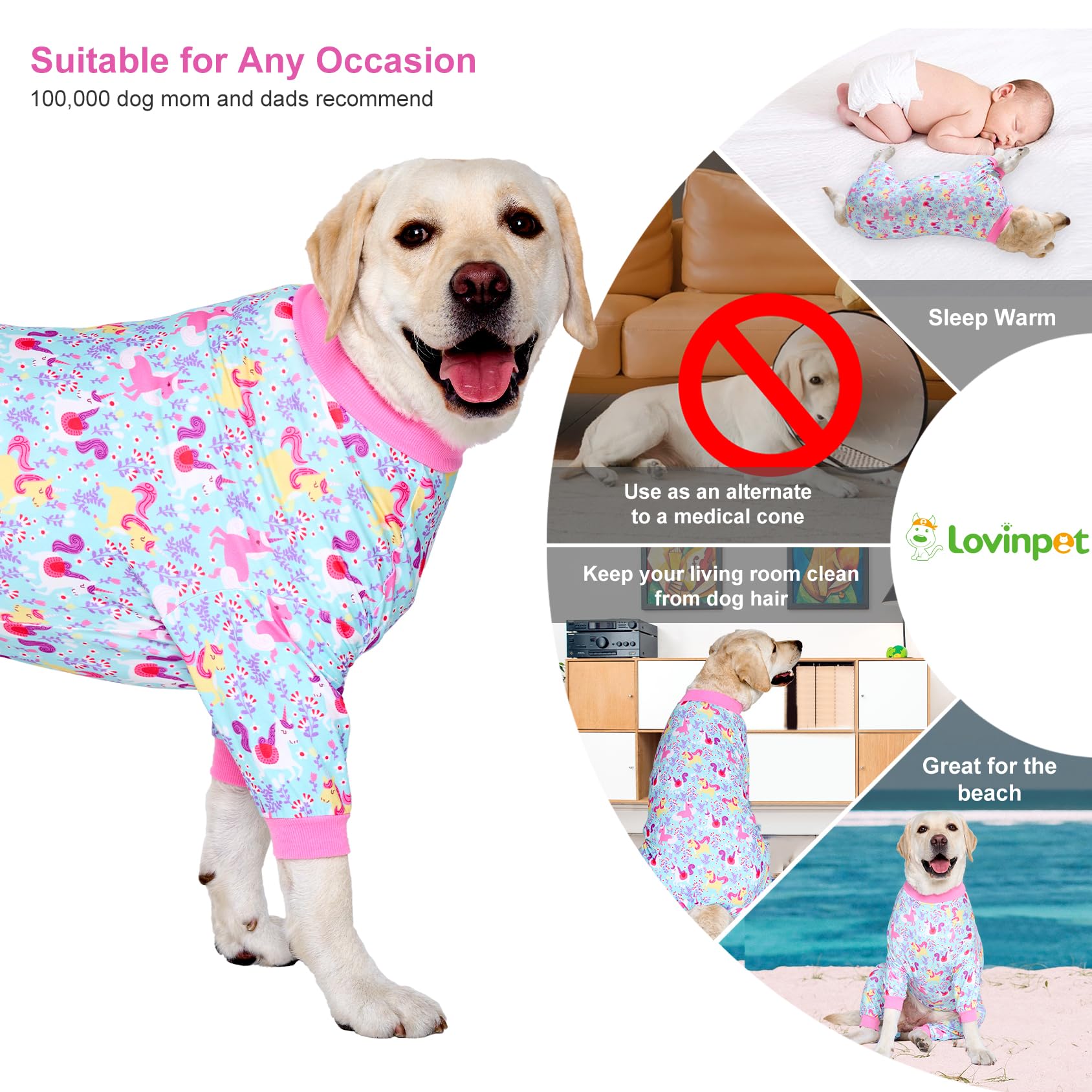 LovinPet Dog Pajamas, Large, Seafoam Unicorn Print, Stretchy, Post Surgery Recovery Suit for Pitbull, 65% Cotton, Breathable, Machine Washable, Pull On, Fantasy Style, Pajamas, Dog Shirt