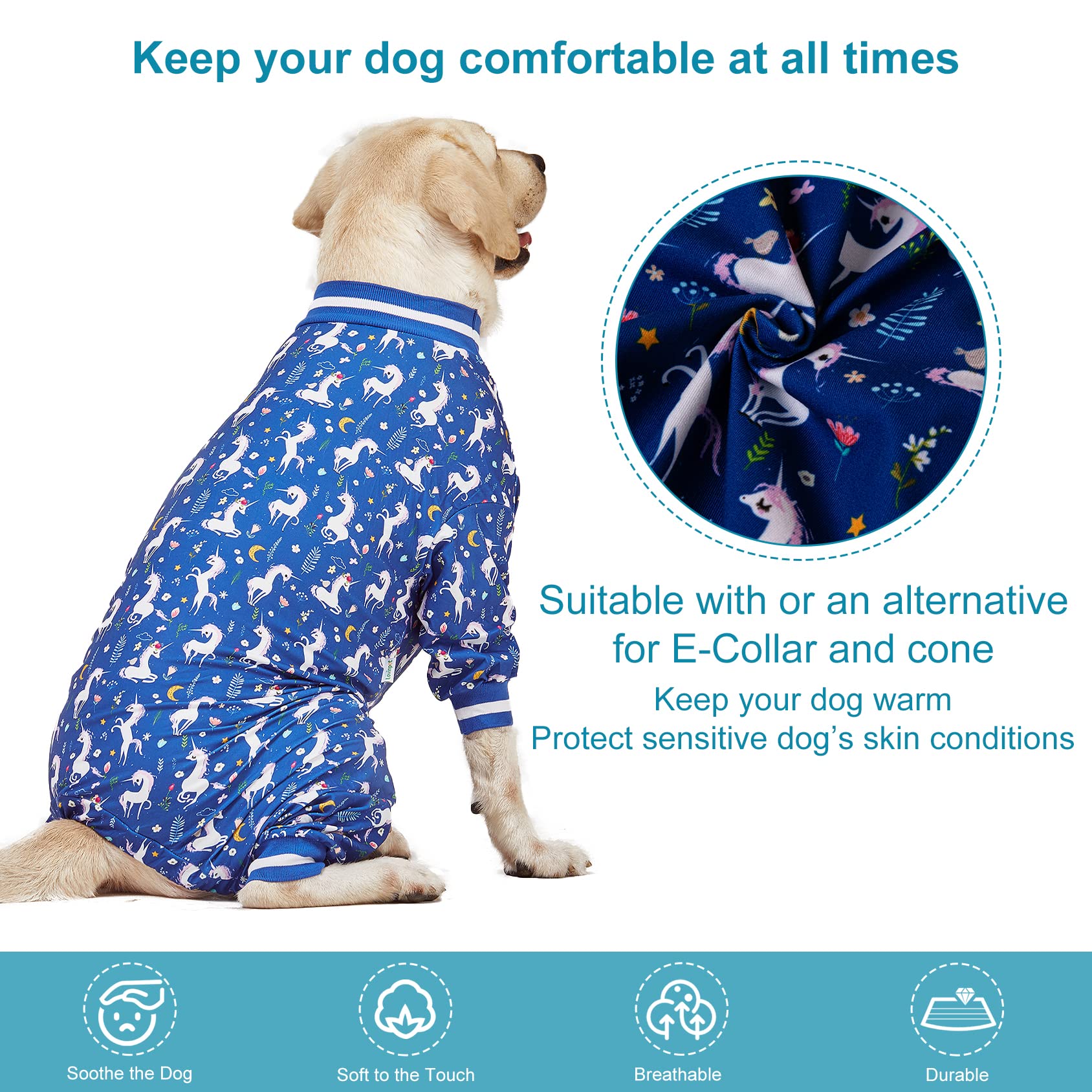 LovinPet Large Dog PJS Clothes: Wound Care/Post Surgery Mastiff Shirt, Lightweight Stretchy Knit Dog Pajamas, Mermaids & Unicorns Blue and White Print, Mastiff Pajamas, Pet PJ's/L