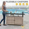 DWVO Patio Storage Cabinet,Outdoor Bar Cart with Glass Top,Outdoor Storage Table with Wheels for Patio, Poolside and Backyard,Light Brown