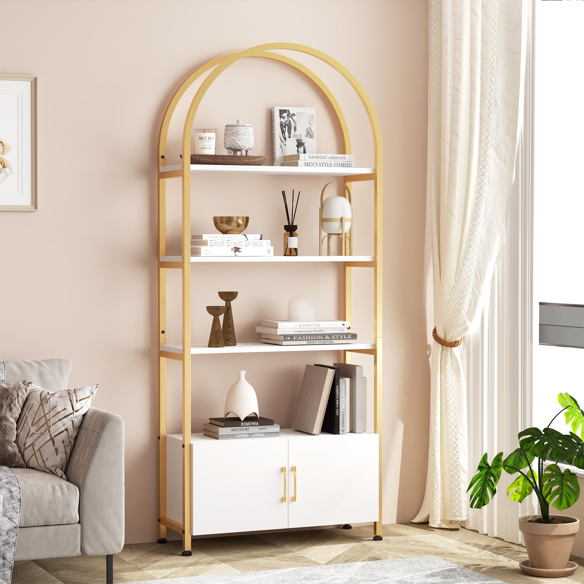 GarveeHome Arched Bookshelf, Bookcase with Doors Storage, 71.5 Inches Tall Industrial Book Shelf with Sturdy Metal Frame and Quality Boards, Freestanding Display Shelving (Gold)
