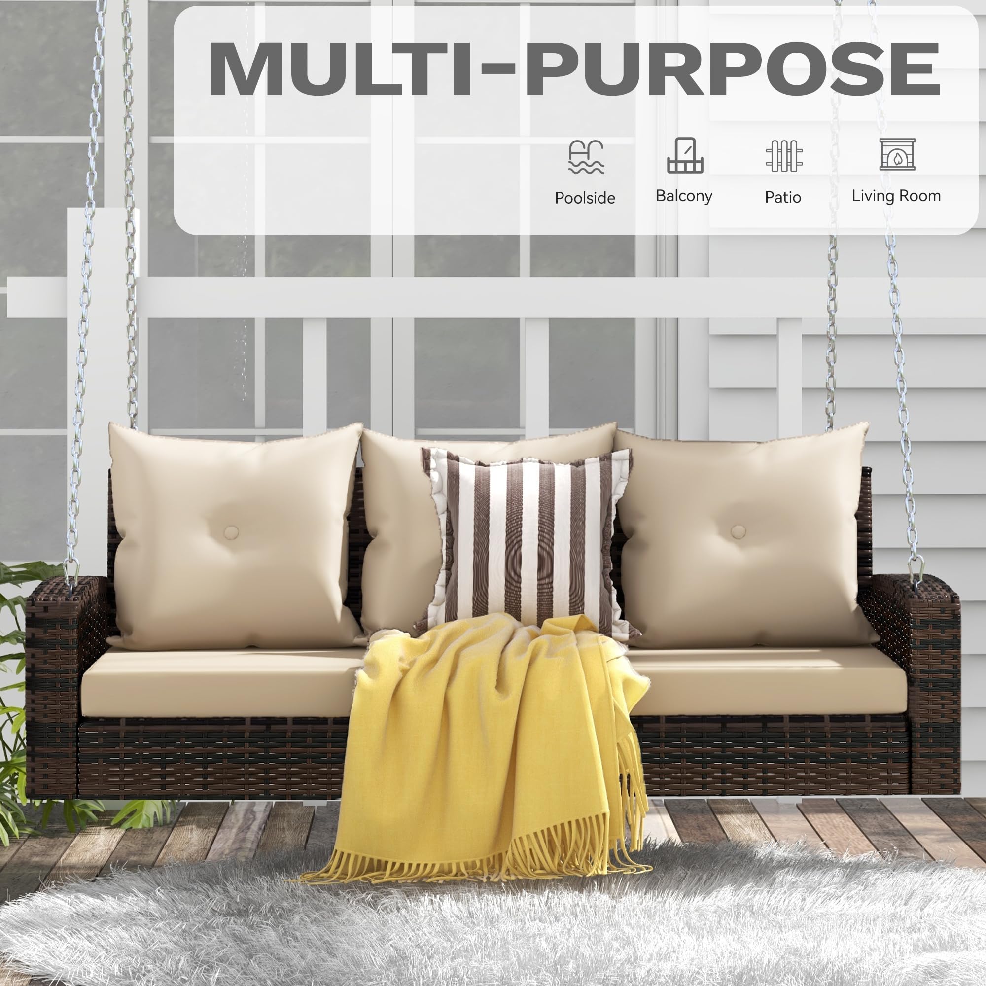 DWVO 3 Seats Porch Swing Hanging Bench Swing Outdoor Wicker Patio Swing Lounge Front Rattan 794lbs for Garden, Balcony, Brown&Beige
