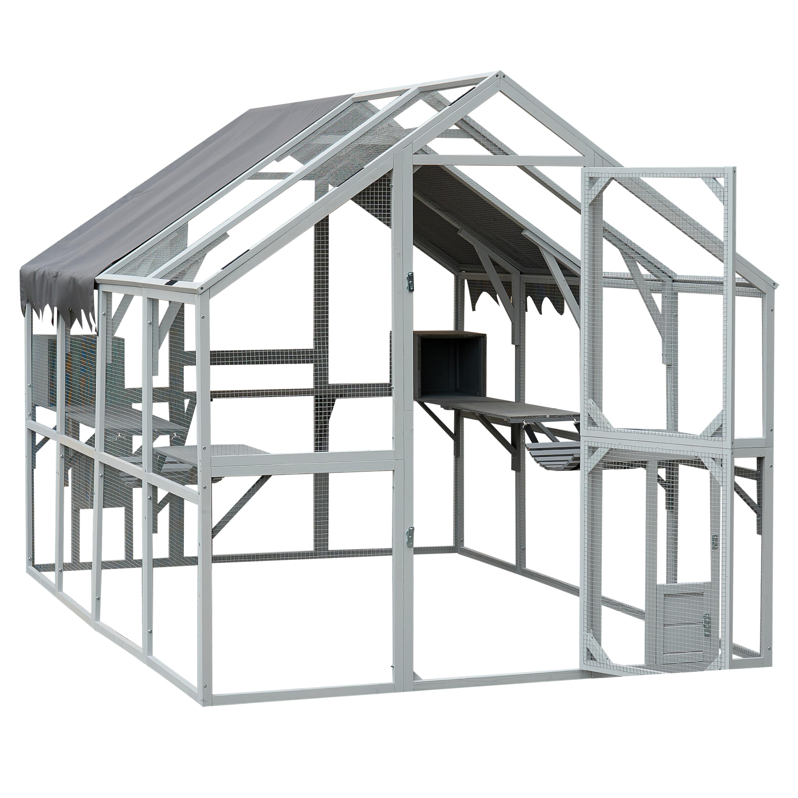 110" Large Wooden Window Catio Outdoor Cat Enclosure Walk in Cat Cage Kitten Playpen Patio with Weatherproof Roof, Multiple Platforms, 2 Bouncy Bridges and 2 Resting Houses