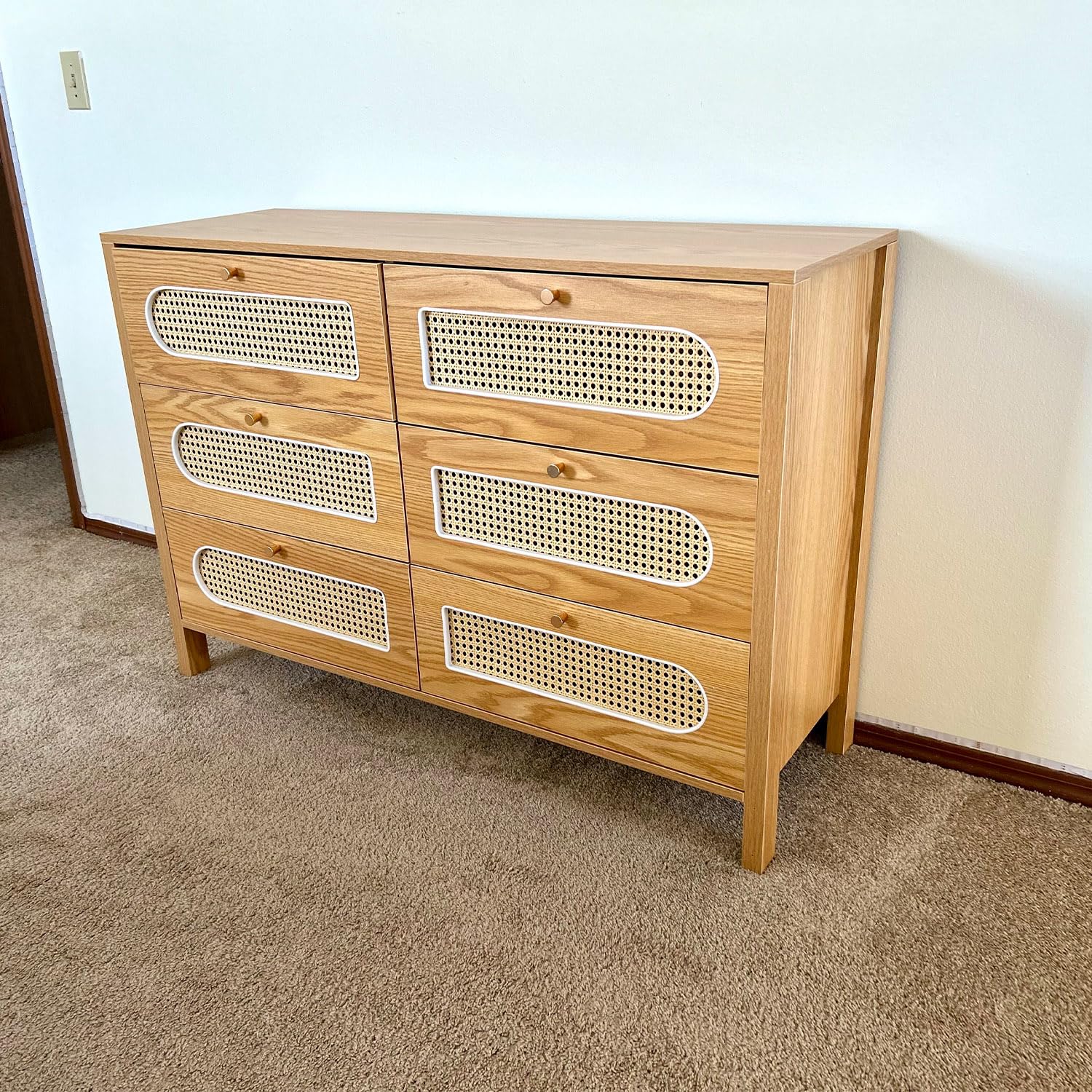 DWVO Buffet Cabinet Rattan - Storage Cabinet with 6 Wood Storage Closet Dressers Chest - Coffee Bar Cabinet with Drawer-Accent Cabinet with Golden Handles for Living Room/Dining Room/Entryway-Natural