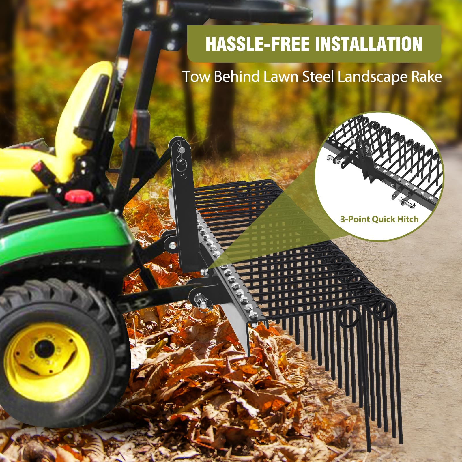 GAOMON 60 Inch Pine Straw Rake, 26 Coil Spring Tines Durable Powder Coated Steel Tow Behind Landscape Rake with 3 Point Hitch Receiver Attachment Fit to Cat0 Cat 1 Tractors for Leaves Grass, Black