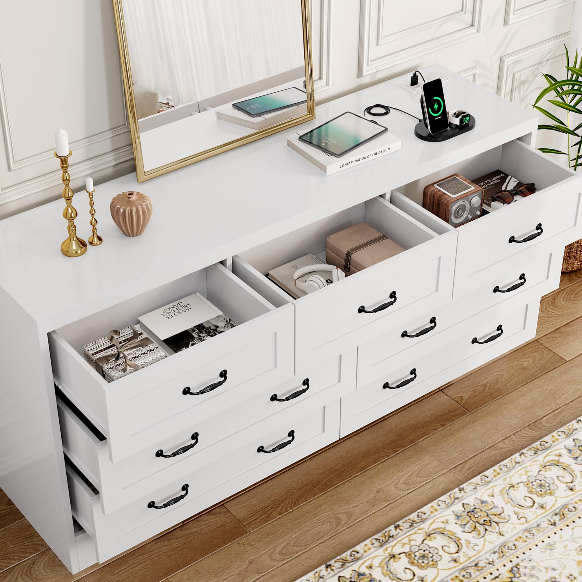 DWVO Farmhouse 7 Drawer Dresser for Bedroom, 59" Wide Large Modern Dresser TV Stand with Drawers & Bar Handles, Storage Dressers with Power Outlets, Rustic Wood Chest of Drawers, White