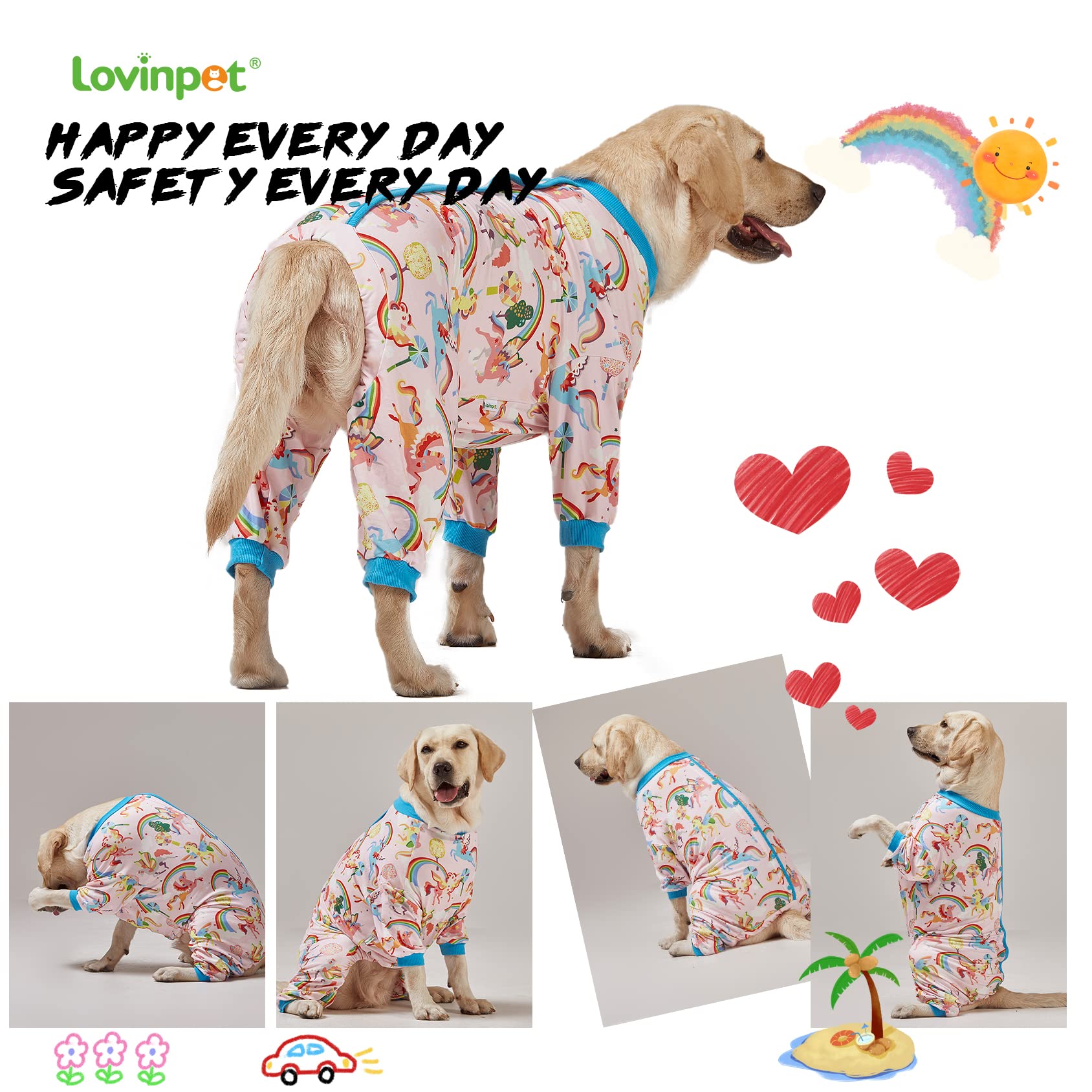 LovinPet Large Dog Pajamas Onesie, Magic Rainbow Shine Pink Print, Lightweight Stretchy Knit Pullover Large Puppy Pajamas, Pjs for Pitbulls, Stop Shedding for Dogs, Pet PJ's, M