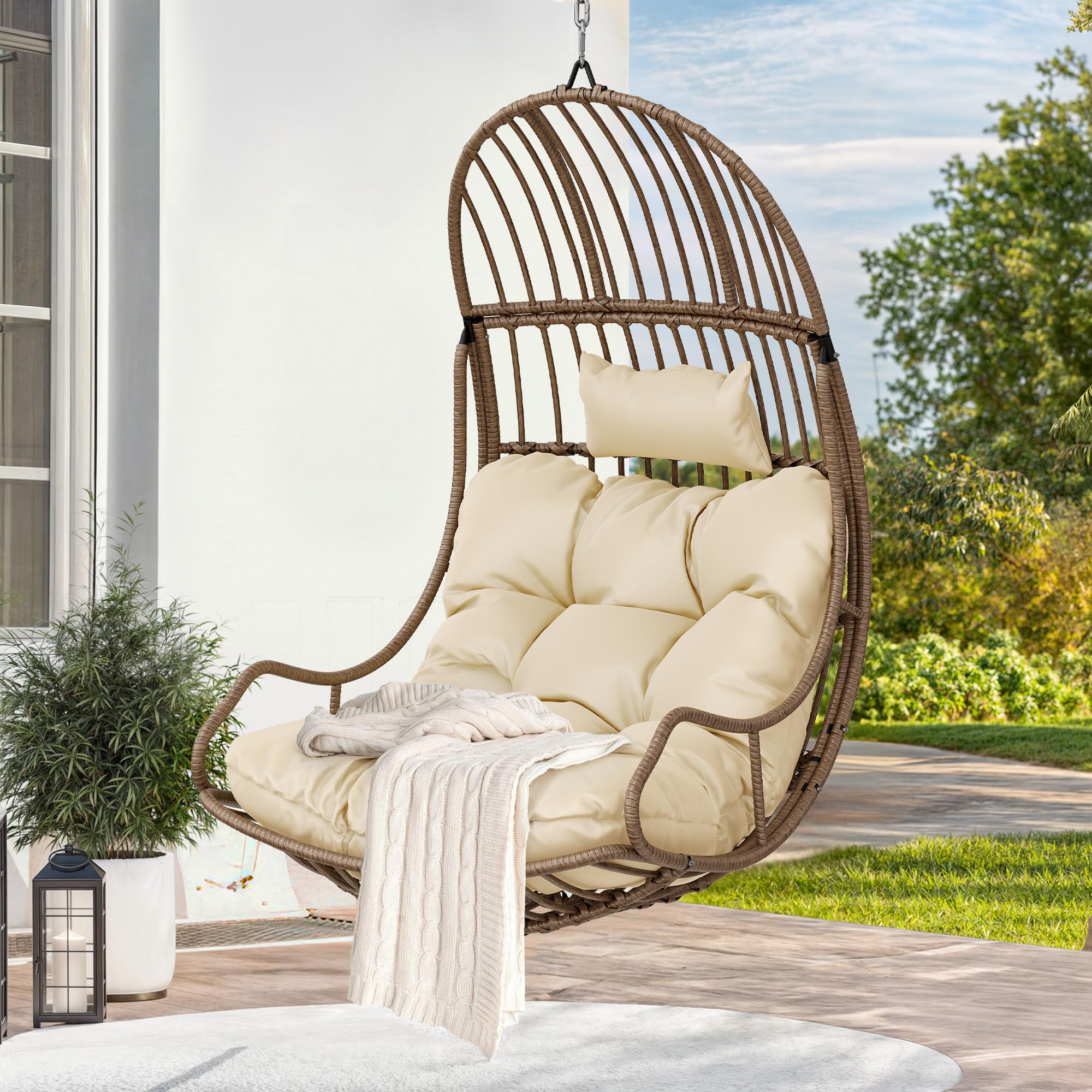 YITAHOME Hanging Egg Swing Chair Egg Chair Wicker Indoor Outdoor Hammock Egg Chair with Cushions 330lbs for Patio, Bedroom, Garden and Balcony, Beige (Stand not Included)