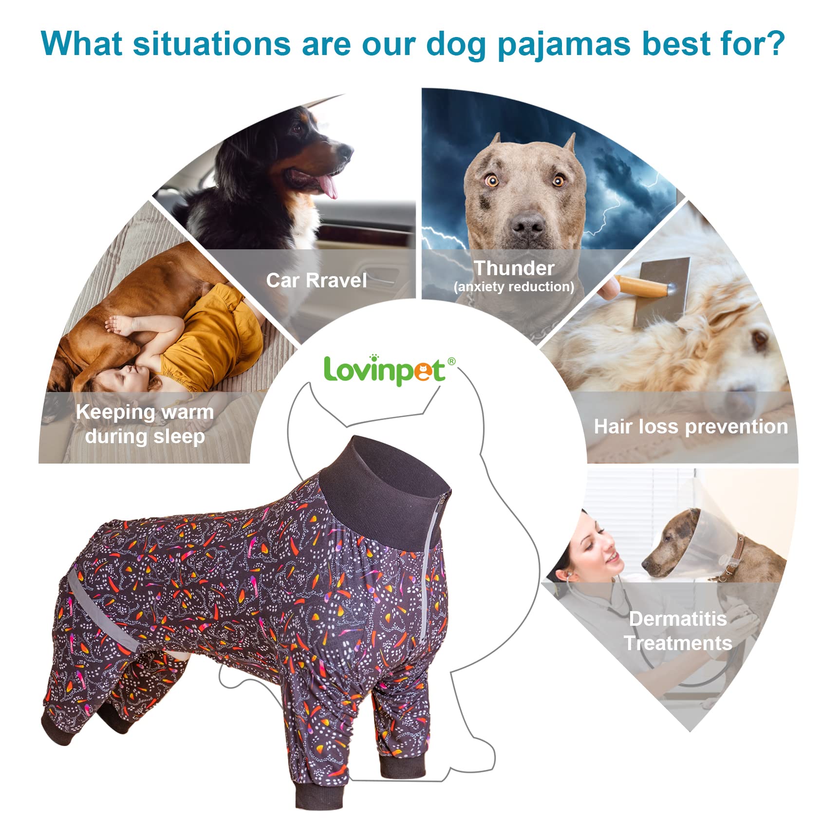 LovinPet Pitbull Dog Bodysuit, Post Surgery Recovery Pajamas, Pullover Dog Onesie with Reflective Stripe, Soft & Stretchy, Black Monarch Butterfly Print, Big Dog Jammies,Grey, 3XL