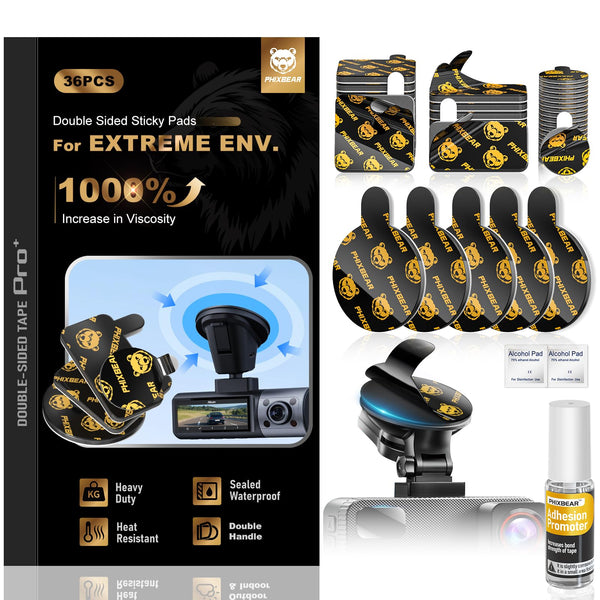 PHIXBEAR Extreme Env. Double Sided Sticky Pads for Dash Cam Mount - Outdoor Heavy Duty Strong Mounting Tape Waterproof Heat Resistant, 36Pcs 1’’ & 2’’ Adhesive Tape for Car Phone Holders