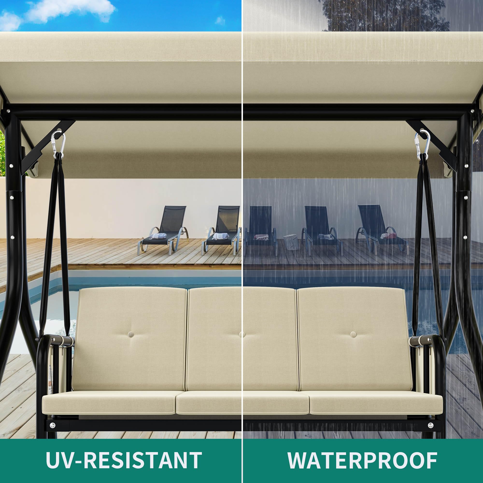 YITAHOME Porch Swing Bed 3-Seats Outdoor Patio Heavy Duty Swing Chair with Adjustable Canopy Removable Cushion, Suitable for Adult in Garden, Poolside, Balcony, Beige