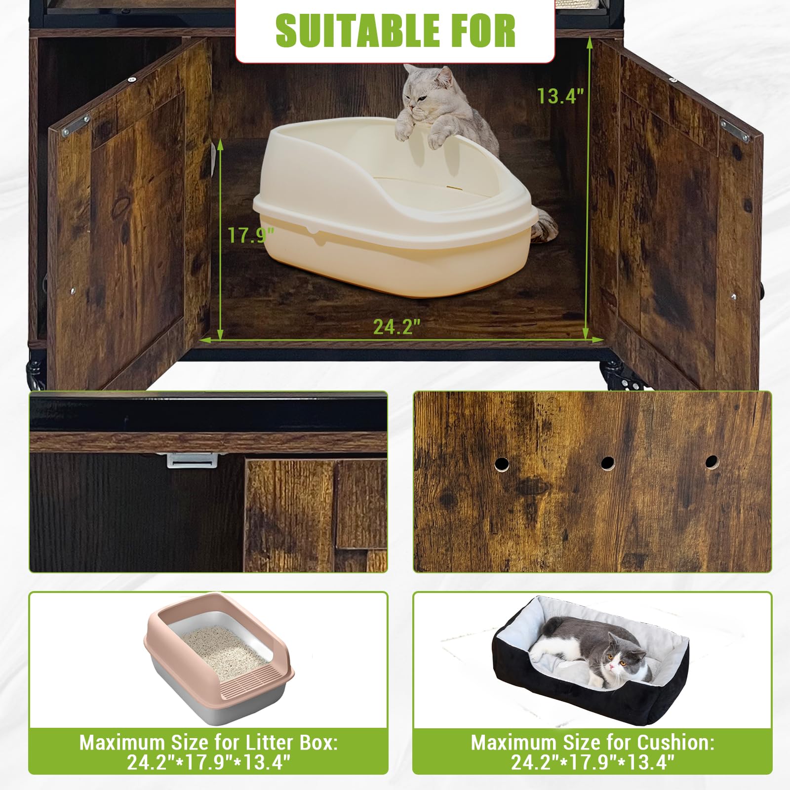 GarveeHome Cat Tree with Litter Box Enclosure 57.5''H Wooden Cat Tower Cabinet with Wheels Dog Proof Corner Hidden Litter Box with Condo, Hammock and Scratching Post Retro Brown