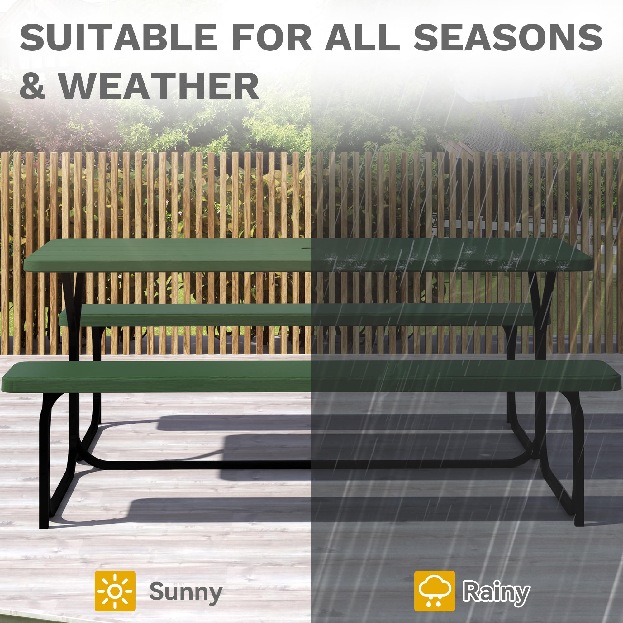 DWVO 6FT Picnic Table, Heavy Duty Outdoor Picnic Table and Bench w/Umbrella Hole, Resin Tabletop & Stable Steel Frame Ideal for Yard Patio Lawn Party, Green