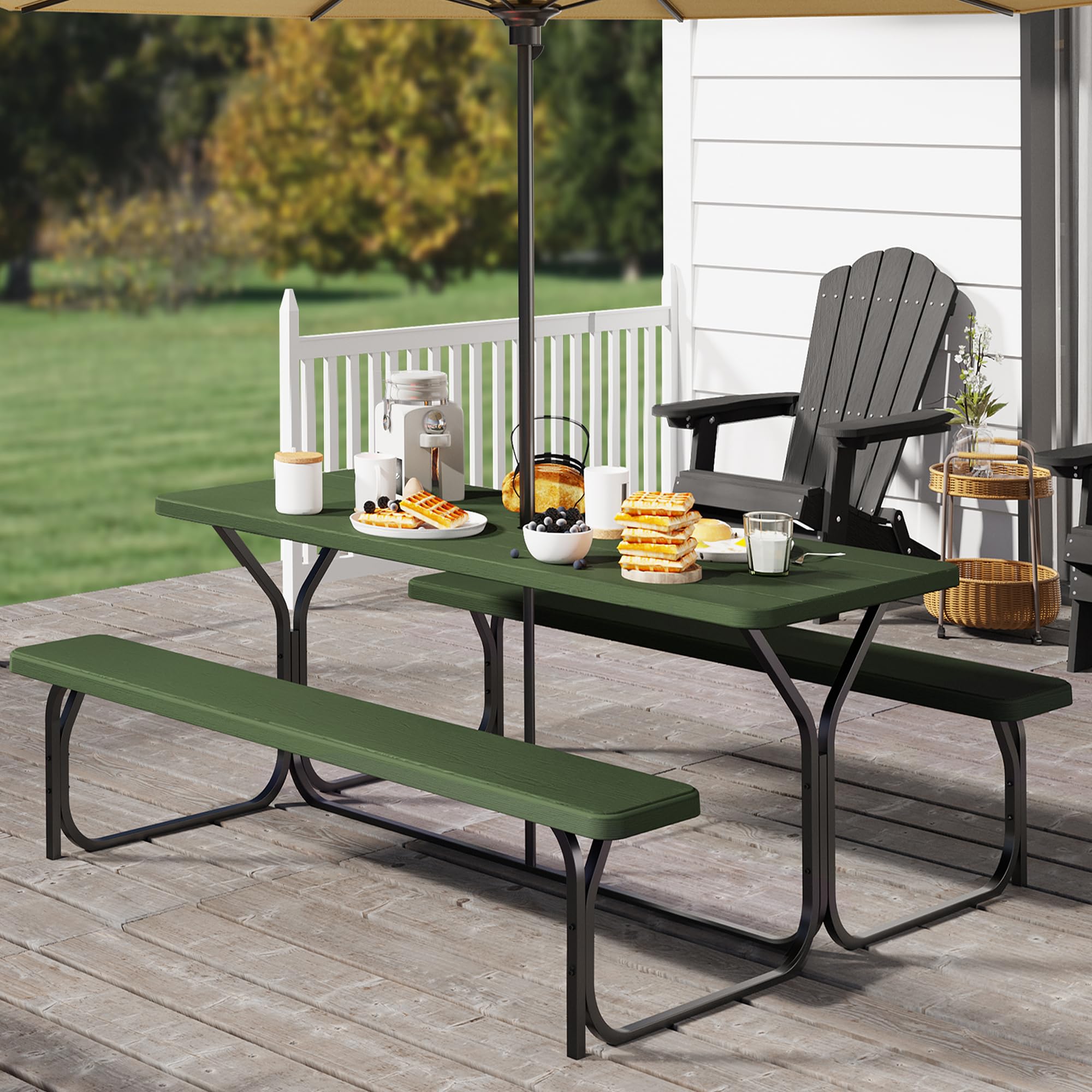 YITAHOME Picnic Table 6ft Heavy Duty Outdoor Picnic Table and Bench Resin Tabletop & Stable Steel Frame w/Umbrella Hole for Yard Patio Lawn Party Green