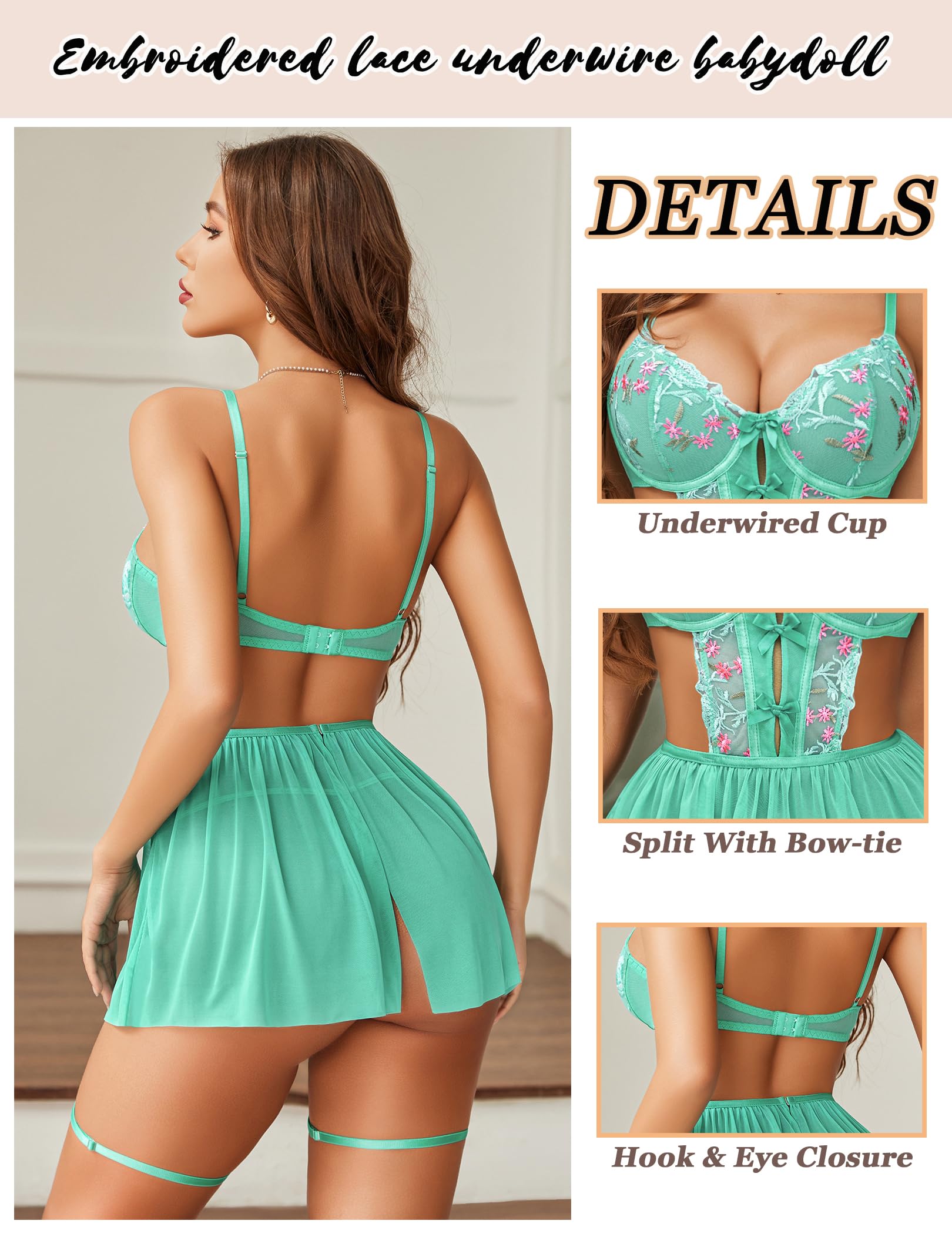 Avidlove Lace Lingerie Plus Size Lingerie Babydoll Womens Strap Chemise Nightgowns V Neck Nighty Mesh Sleepwear Nightdress (Light Green, X-Large)