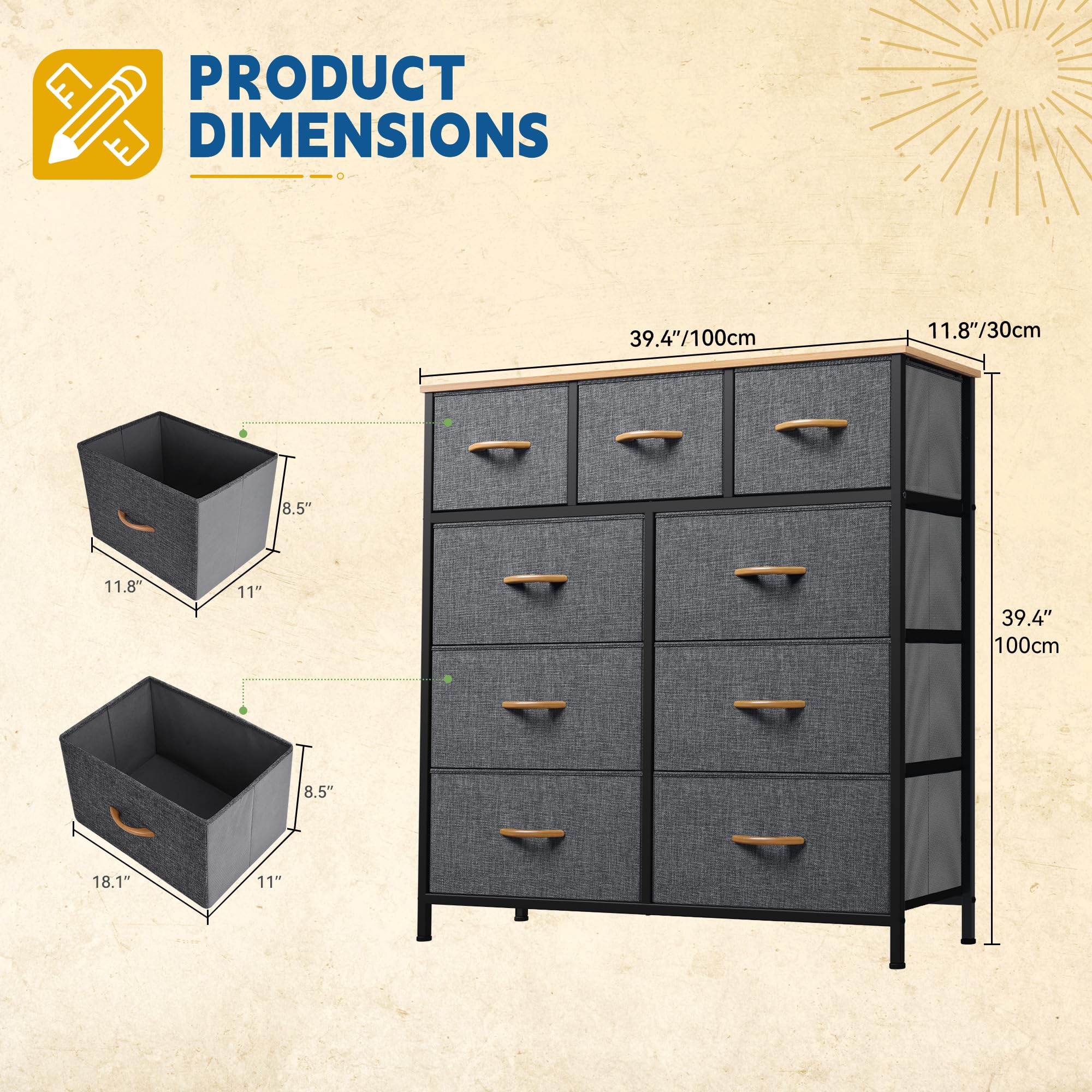 DWVO Dresser with 9 Drawers - Fabric Storage Tower, Organizer Unit for Living Room, Hallway, Closets - Sturdy Steel Frame, Wooden Top & Easy Pull Fabric Bins (Dark Black Grey)