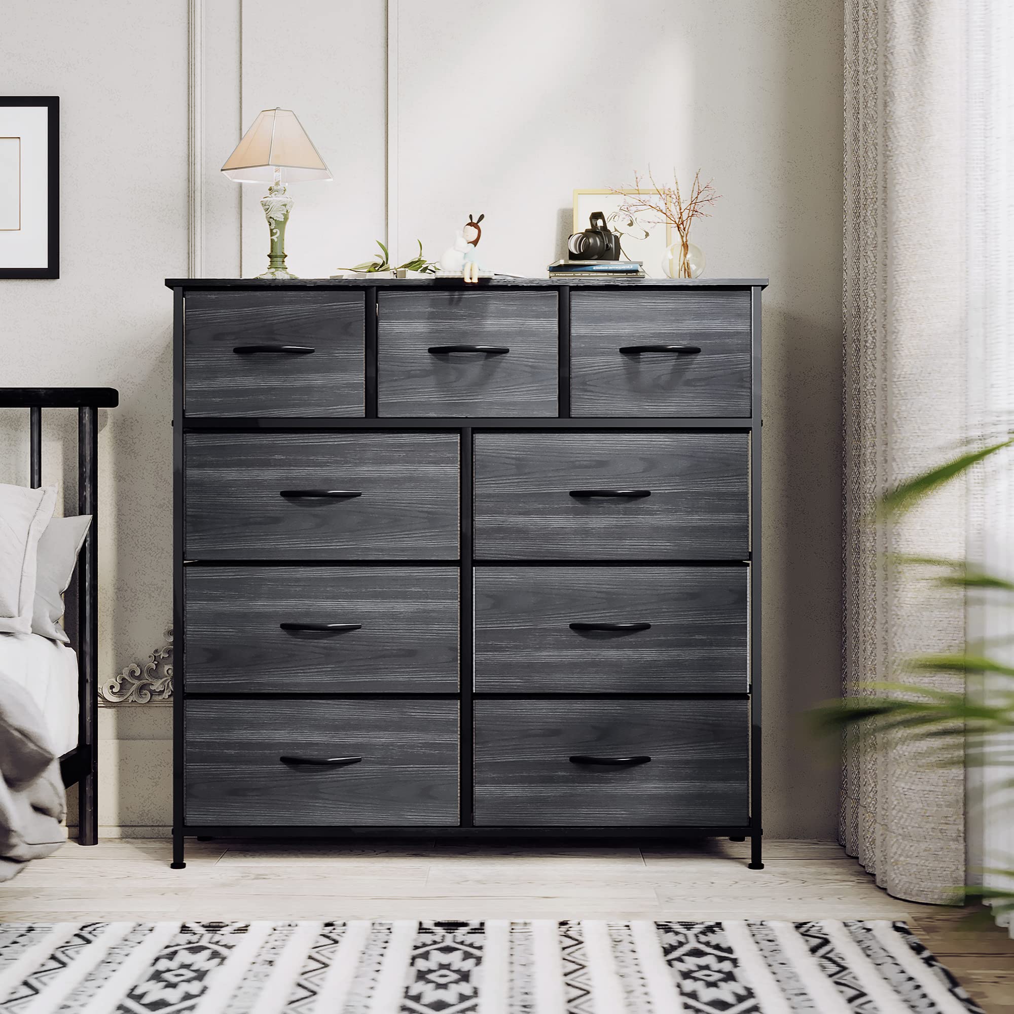 DWVO Dresser with 9 Drawers - Fabric Storage Tower, Organizer Unit for Living Room, Hallway, Closets - Sturdy Steel Frame, Wooden Top & Easy Pull Fabric Bins (Charcoal Black)