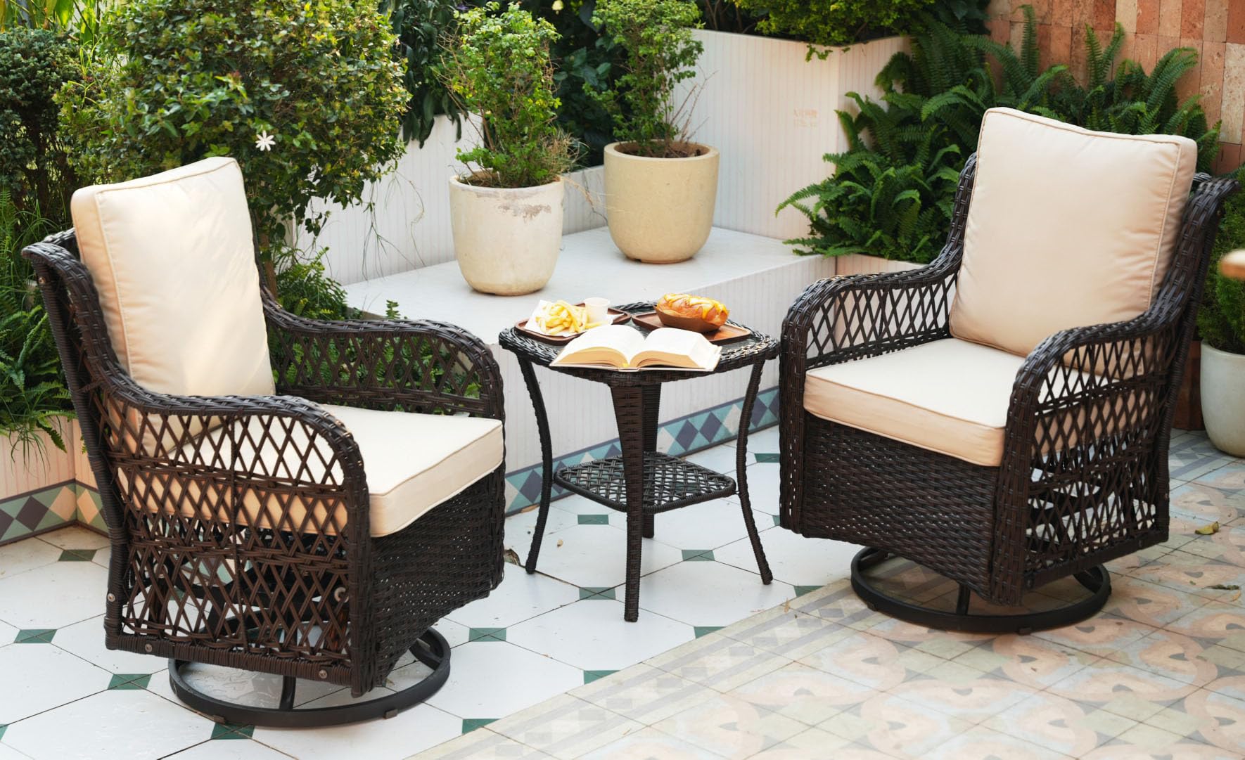 GarveeLife 3 Pieces Outdoor Swivel Rocker Chair Set Swivel Glider Rocker Rocking Chair Set with Glass Top Table with Thick Cushions for Backyard, Balcony, Deck,Outdoor, Brown Rattan and Beige Cushion