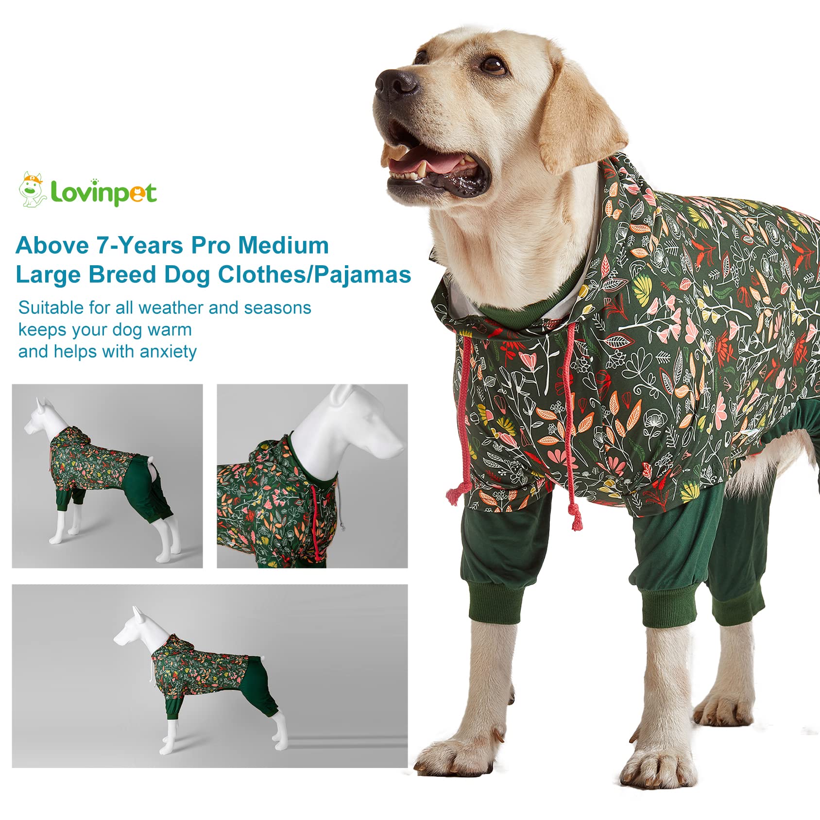 LovinPet Large Dog Onesies Big Pajamas: Wound Care/Post Surgery, Anxiety Relief, Lightweight Stretchy Fabric, Dog Pajamas,Dog Jammies, Reflective Stripe, Dew & Moss Dark Green Print, Pet PJ's /3XL