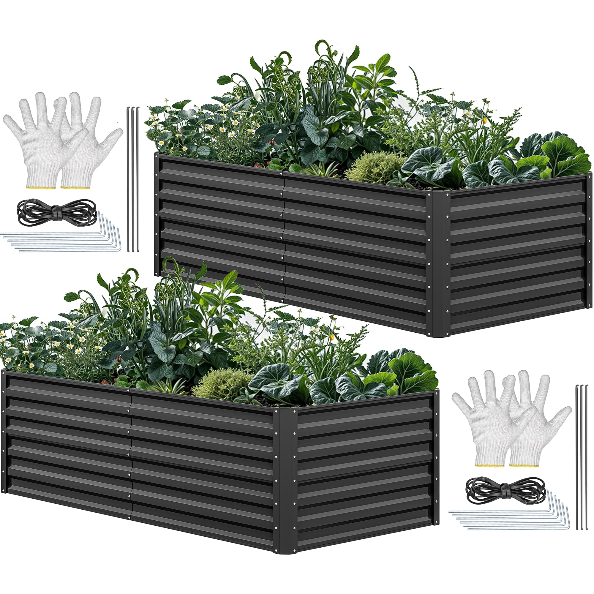 YITAHOME 6x3x2ft 2pcs Large Raised Garden Bed Kit, Galvanized Metal Planter Box with Gloves, Ground Nails, Support Rod, Outdoor Above Ground Planters for Plants Vegetables Flowers, Black