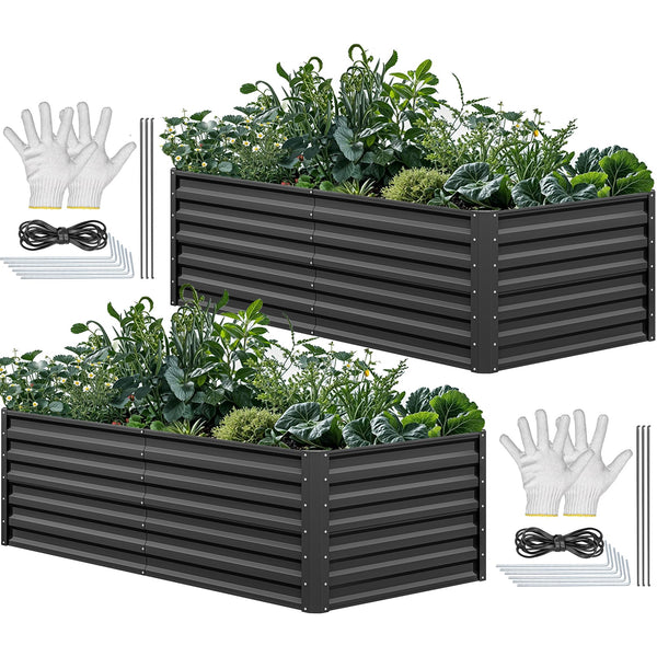 YITAHOME 6x3x2ft 2pcs Large Raised Garden Bed Kit, Galvanized Metal Planter Box with Gloves, Ground Nails, Support Rod, Outdoor Above Ground Planters for Plants Vegetables Flowers, Black