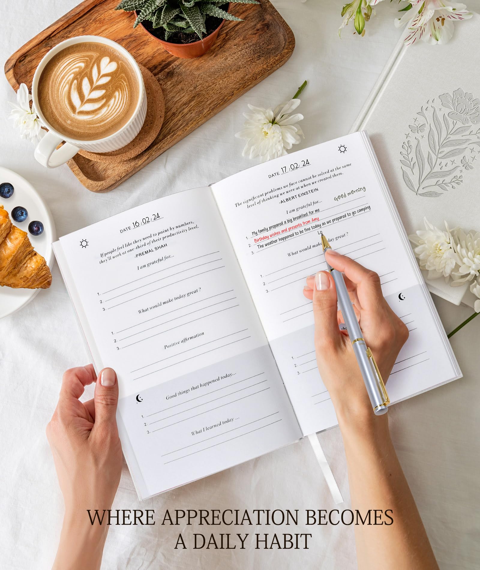 Gratitude Journal Notebook for Women, Guided Journal with Prompts, White Daily Gratitude Journal for Happiness, Affirmation, Mindfulness Through Daily Reflections Journal(8.5‘’x5.5‘’)